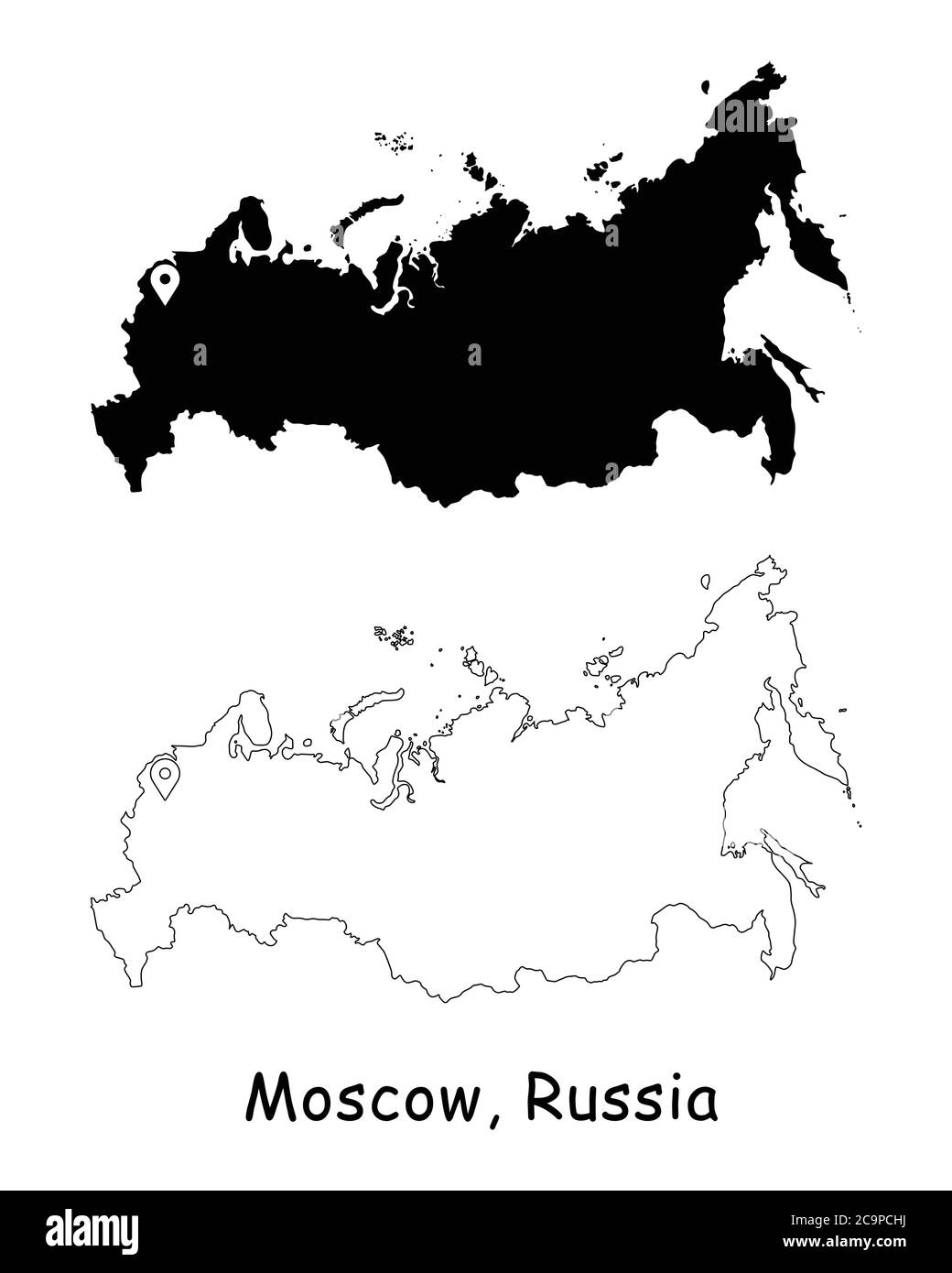 Moscow, Russia. Detailed Country Map with Location Pin on Capital City. Black silhouette and outline maps isolated on white background. EPS Vector Stock Vector
