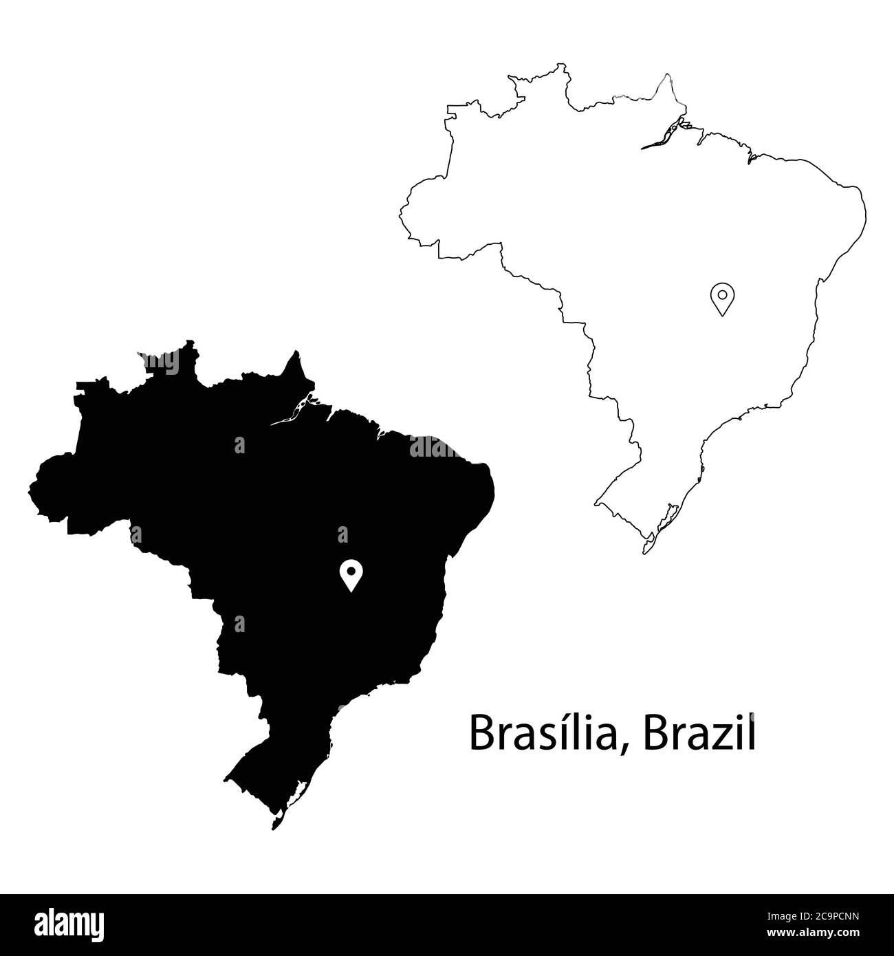 Brasilia Brazil. Detailed Country Map with Location Pin on Capital City. Black silhouette and outline maps isolated on white background. EPS Vector Stock Vector