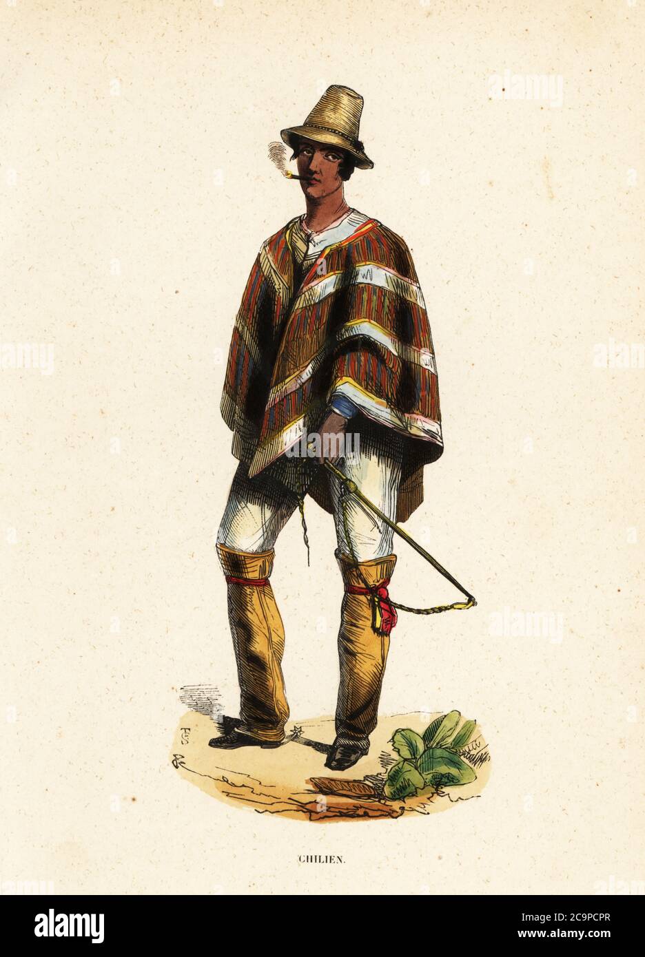Mapuche man of Chile smoking a cigar. He wears a sugar-loaf hat,  traditional striped poncho, jacket, culottes and leather sandals called  ojotes. Chilien. Handcoloured woodcut by T.S. from Auguste Wahlen's Moeurs,  Usages