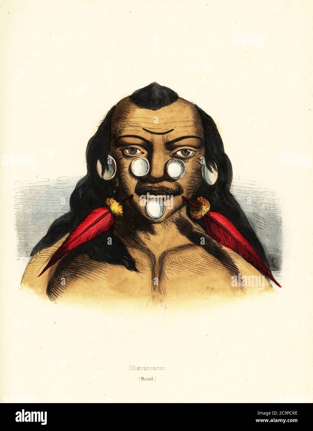 Matses or Matis warrior of Brazil, with facial tattoos, labrets, and piercings with macaw feathers and snail shells. Maxurunas Indian, Brazil. Maxourounas (Bresil). Handcoloured woodcut by Henri Hendrickx after Johann Baptist von Spix and Karl von Martius from Auguste Wahlen's Moeurs, Usages et Costumes de tous les Peuples du Monde, (Manners, Customs and Costumes of all the People of the World) Librairie Historique-Artistique, Brussels, 1845. Stock Photo
