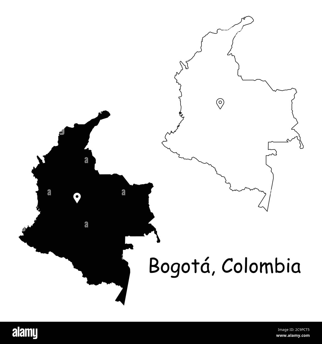 Bogota Colombia. Detailed Country Map with Location Pin on Capital City. Black silhouette and outline maps isolated on white background. EPS Vector Stock Vector