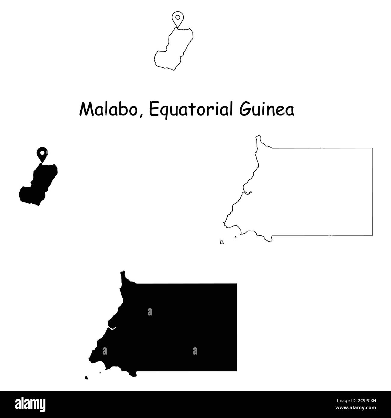 Malabo Equatorial Guinea. Detailed Country Map with Location Pin on Capital City. Black silhouette and outline maps isolated on white background. EPS Stock Vector
