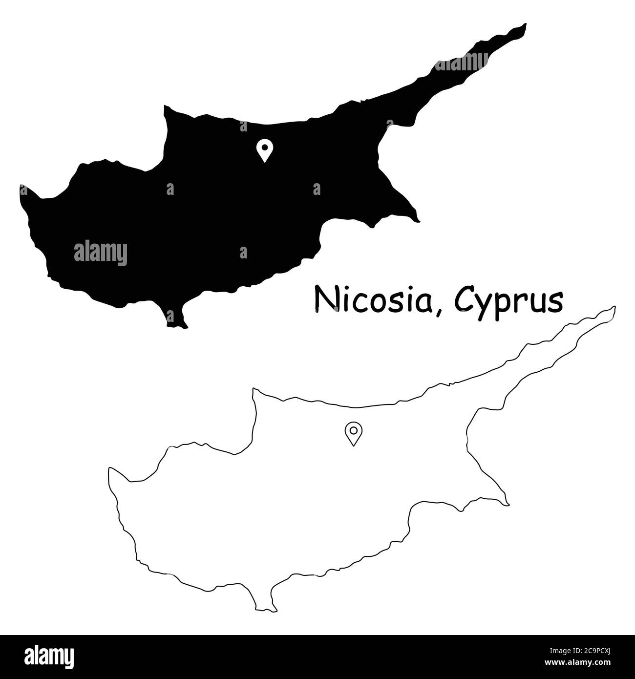 Nicosia Cyprus. Detailed Country Map with Location Pin on Capital City. Black silhouette and outline maps isolated on white background. EPS Vector Stock Vector