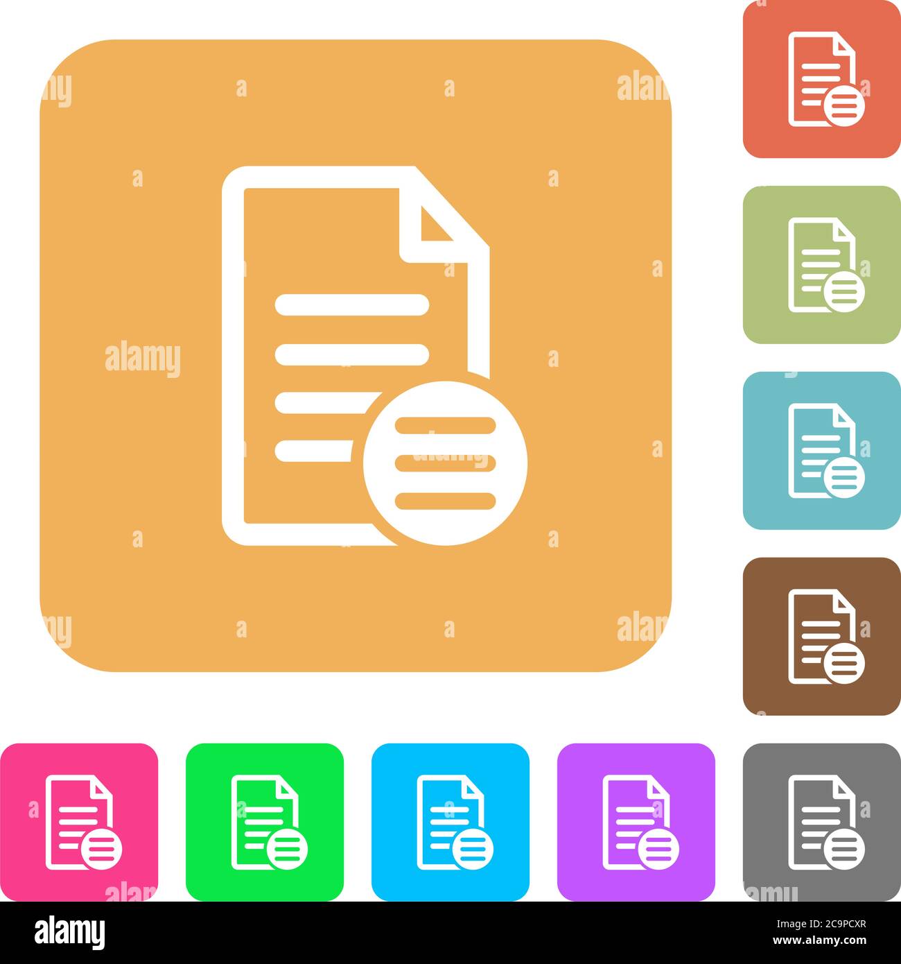 Document options flat icons on rounded square vivid color backgrounds. Stock Vector