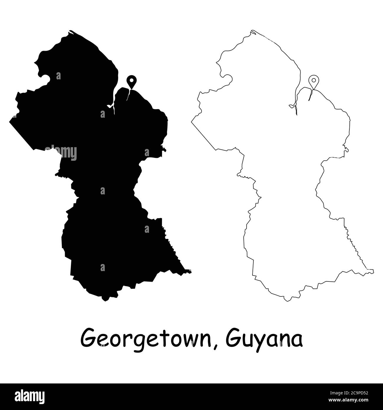Georgetown Guyana. Detailed Country Map with Location Pin on Capital City. Black silhouette and outline maps isolated on white background. EPS Vector Stock Vector