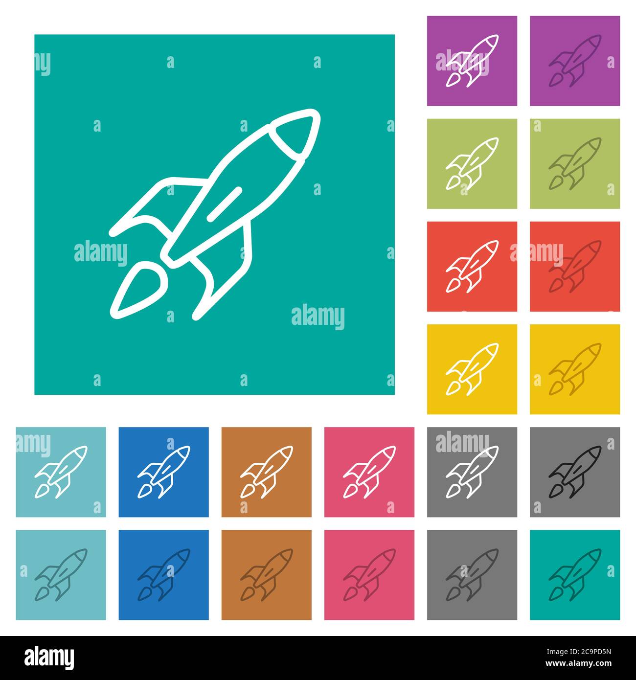 Launched rocket multi colored flat icons on plain square backgrounds. Included white and darker icon variations for hover or active effects. Stock Vector