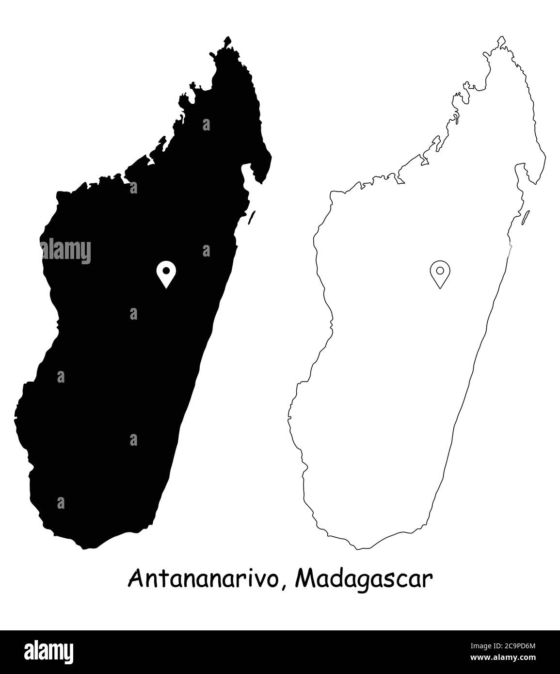 Antananarivo Madagascar. Detailed Country Map with Location Pin on Capital City. Black silhouette and outline maps isolated on white background. EPS V Stock Vector