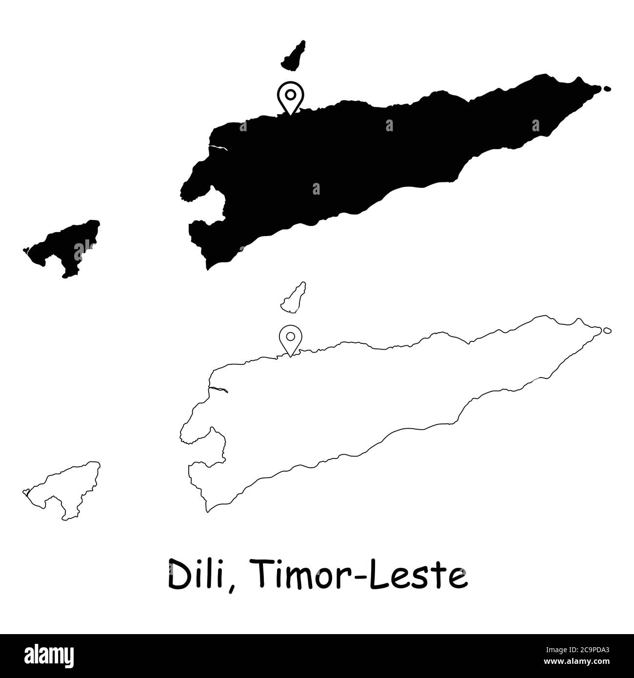 Dili, Timor-Leste. Detailed Country Map with Location Pin on Capital City. Black silhouette and outline maps isolated on white background. EPS Vector Stock Vector