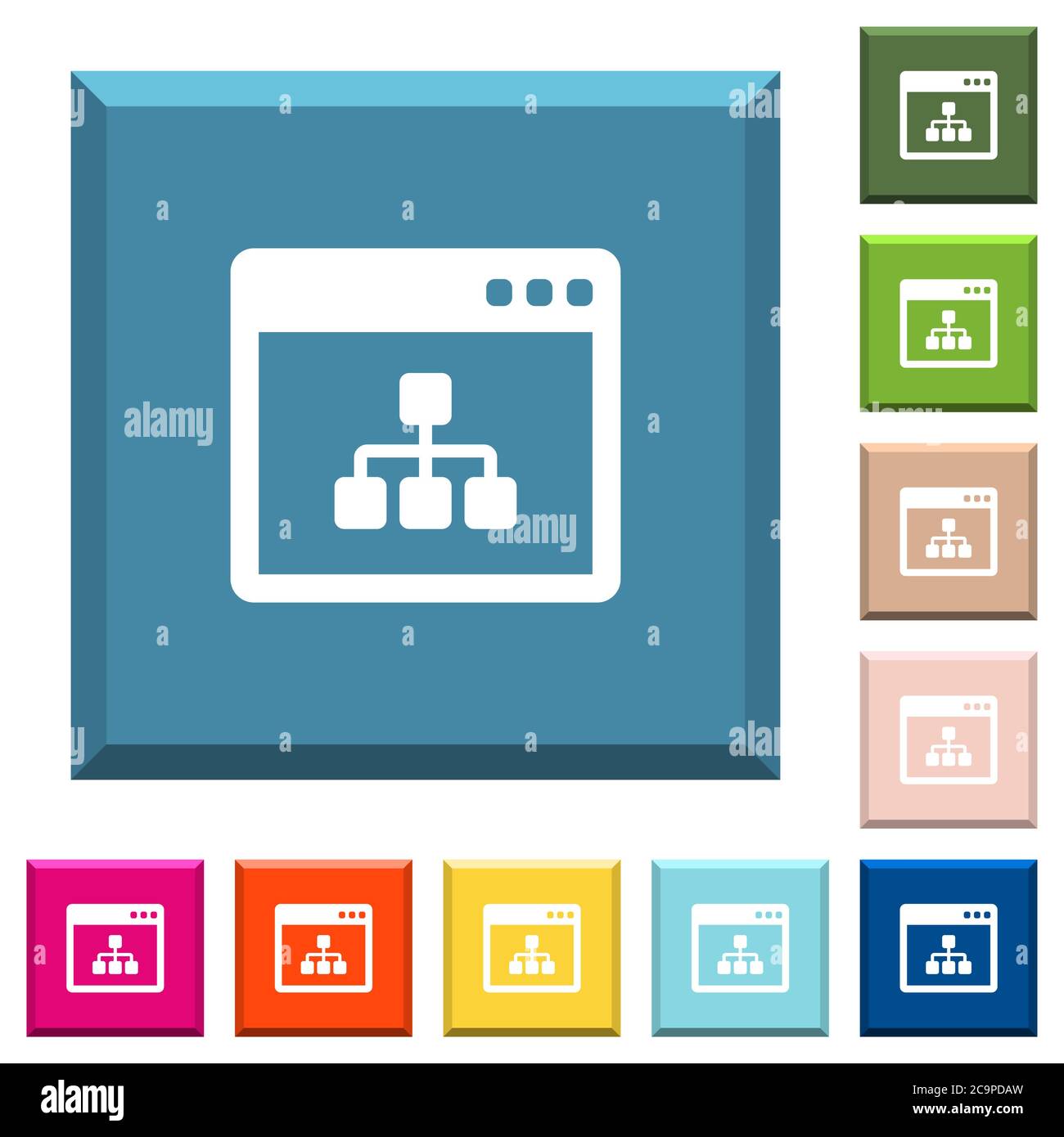 Networking application white icons on edged square buttons in various ...