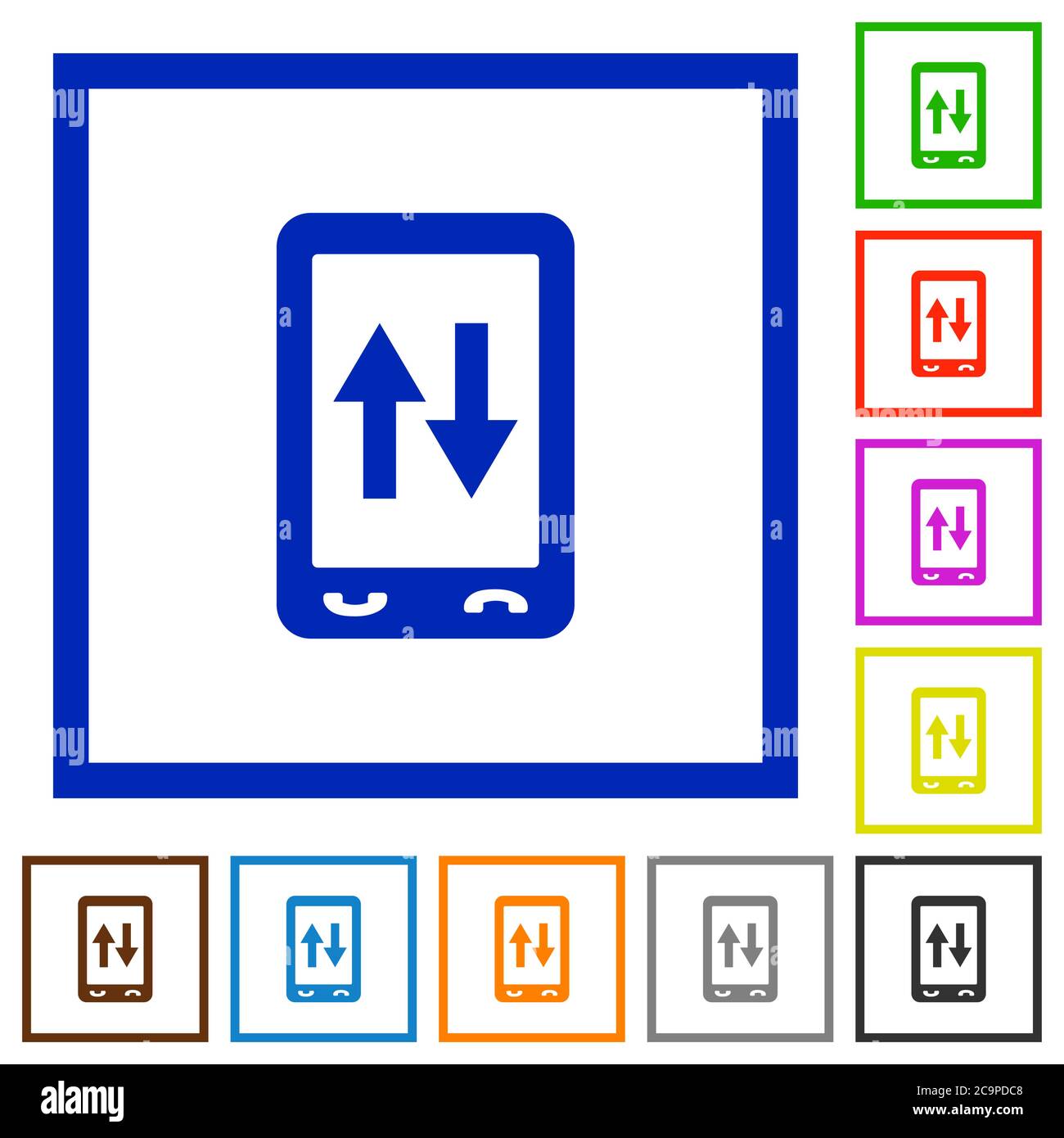 Mobile data traffic flat color icons in square frames on white ...