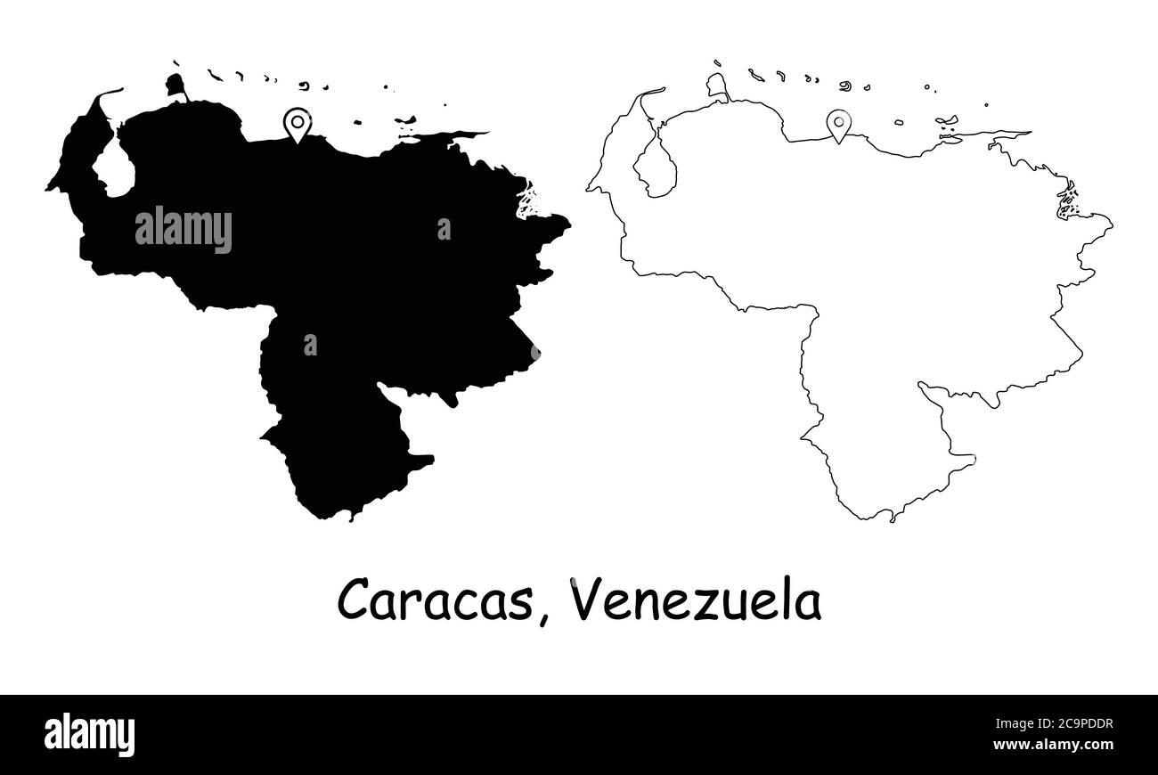Caracas, Venezuela. Detailed Country Map with Location Pin on Capital City. Black silhouette and outline maps isolated on white background. EPS Vector Stock Vector