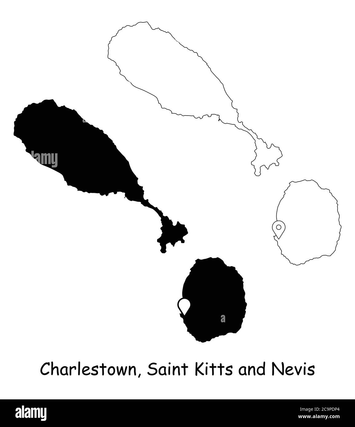 Charlestown, Saint Kitts and Nevis. Detailed Country Map with Location Pin on Capital City. Black silhouette and outline maps isolated on white backgr Stock Vector