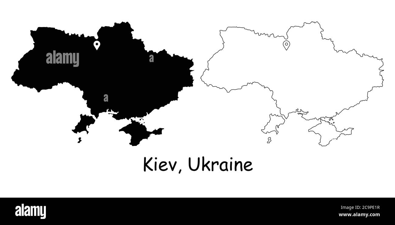 Kiev, Kyiv, Ukraine. Detailed Country Map with Location Pin on Capital City. Black silhouette and outline maps isolated on white background. EPS Vecto Stock Vector