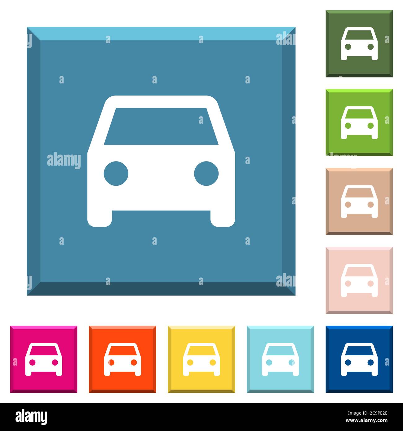 Single car white icons on edged square buttons in various trendy colors ...
