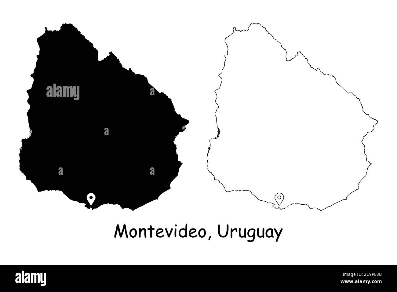 Montevideo, Uruguay. Detailed Country Map with Location Pin on Capital City. Black silhouette and outline maps isolated on white background. EPS Vecto Stock Vector