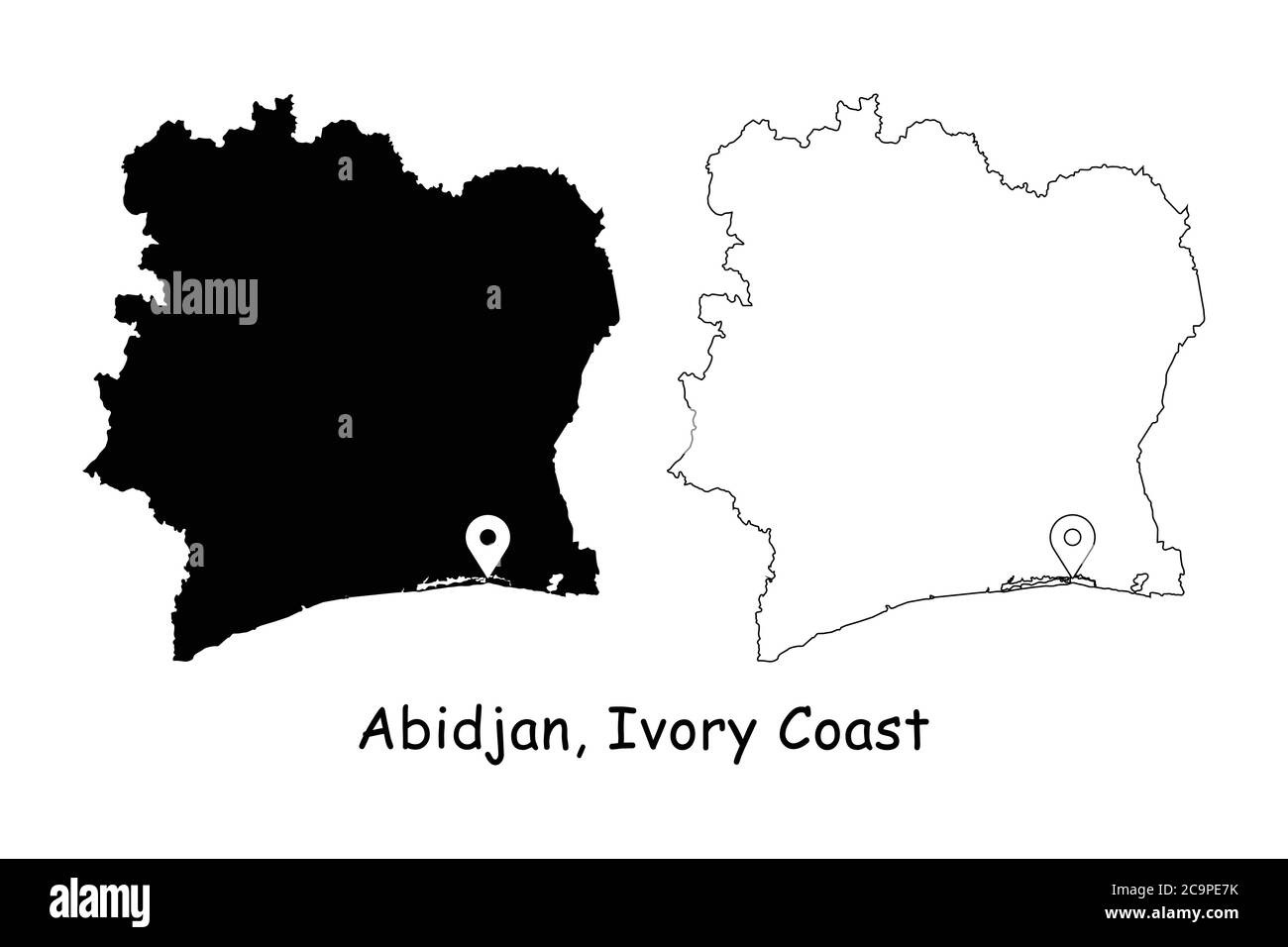 Abidjan, Ivory Coast. Detailed Country Map with Location Pin on Capital City. Black silhouette and outline maps isolated on white background. EPS Vect Stock Vector