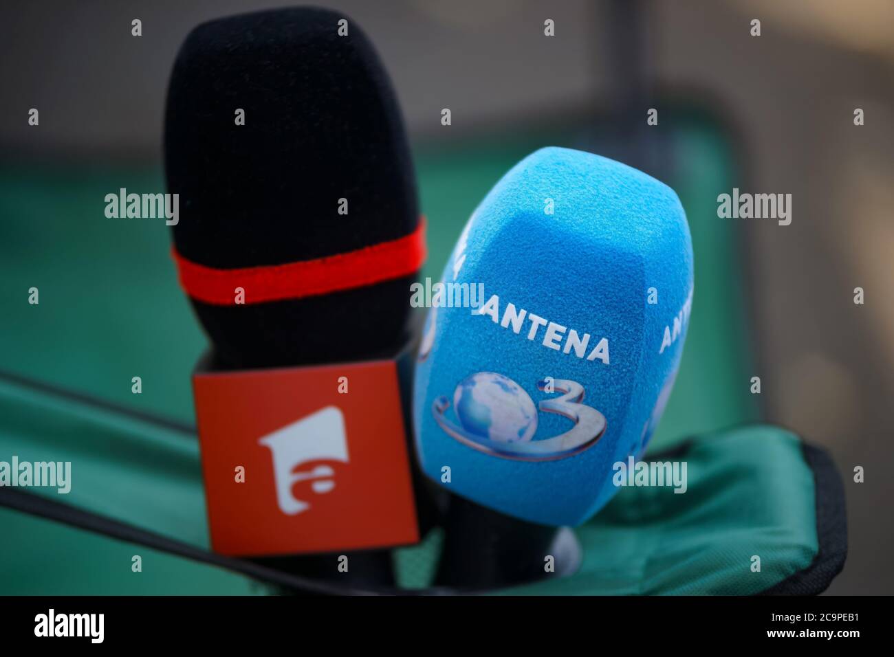 Bucharest, Romania - August 02, 2020: The microphones of the Antena 1 and  Antena 3 television stations are seen at the National Political Bureau  meeti Stock Photo - Alamy