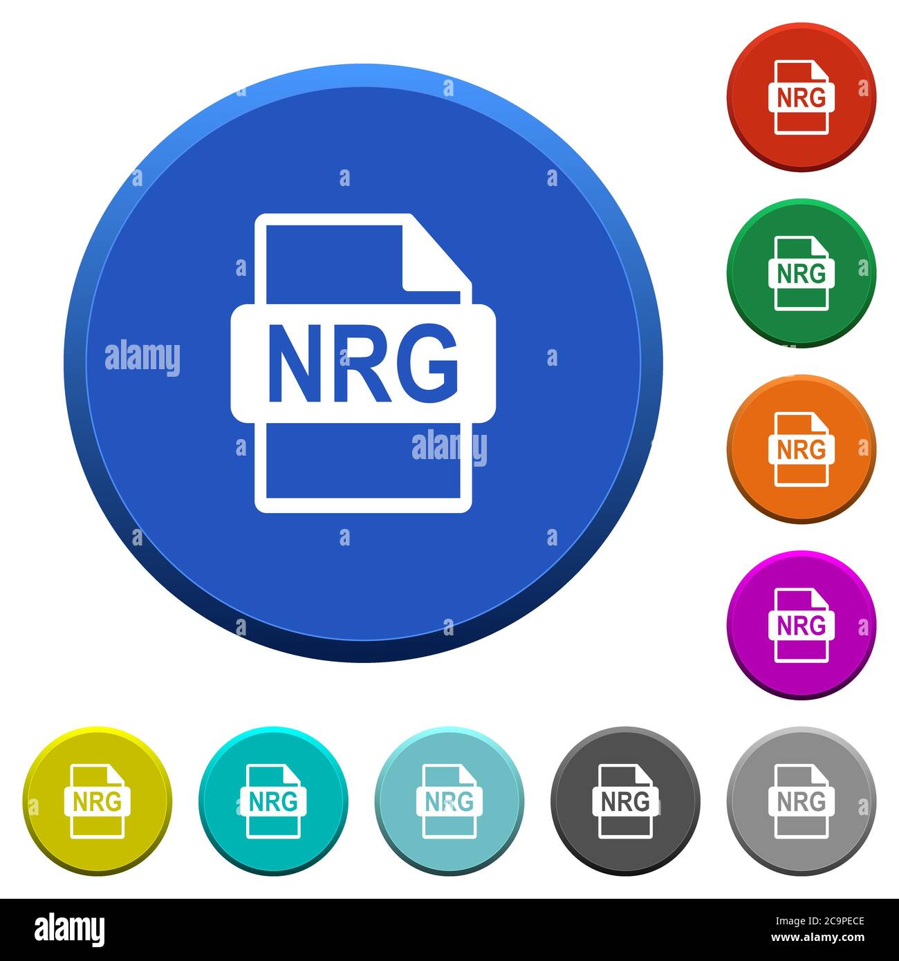 NRG file format round color beveled buttons with smooth surfaces and flat white icons Stock Vector