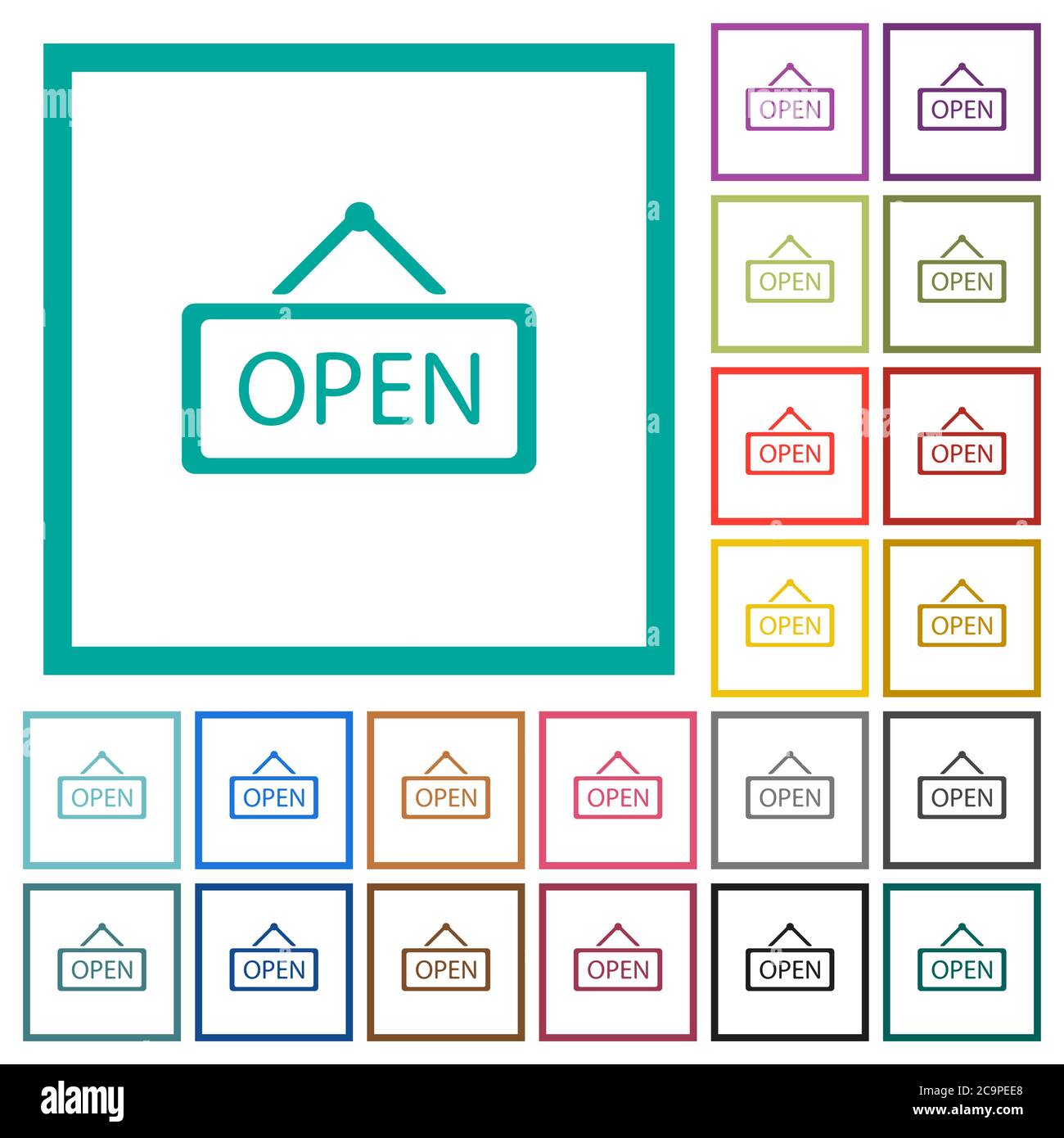 Open sign flat color icons with quadrant frames on white background ...