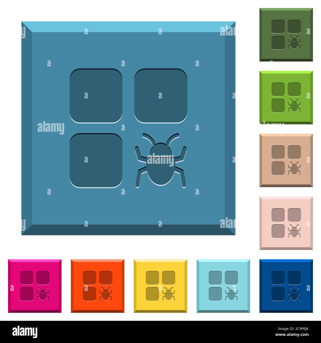 Component bug engraved icons on edged square buttons in various trendy colors Stock Vector
