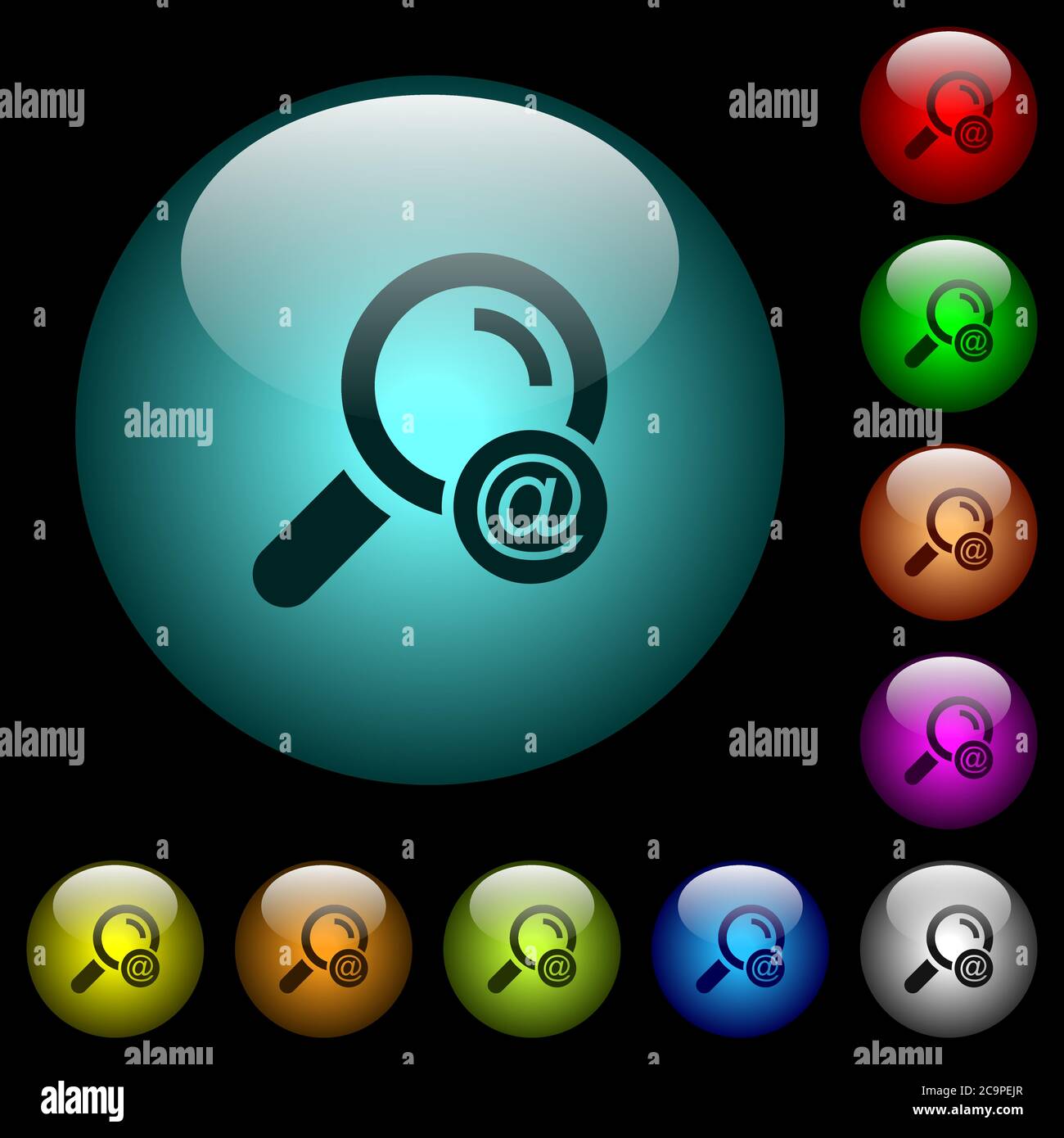 Search email address icons in color illuminated spherical glass buttons ...