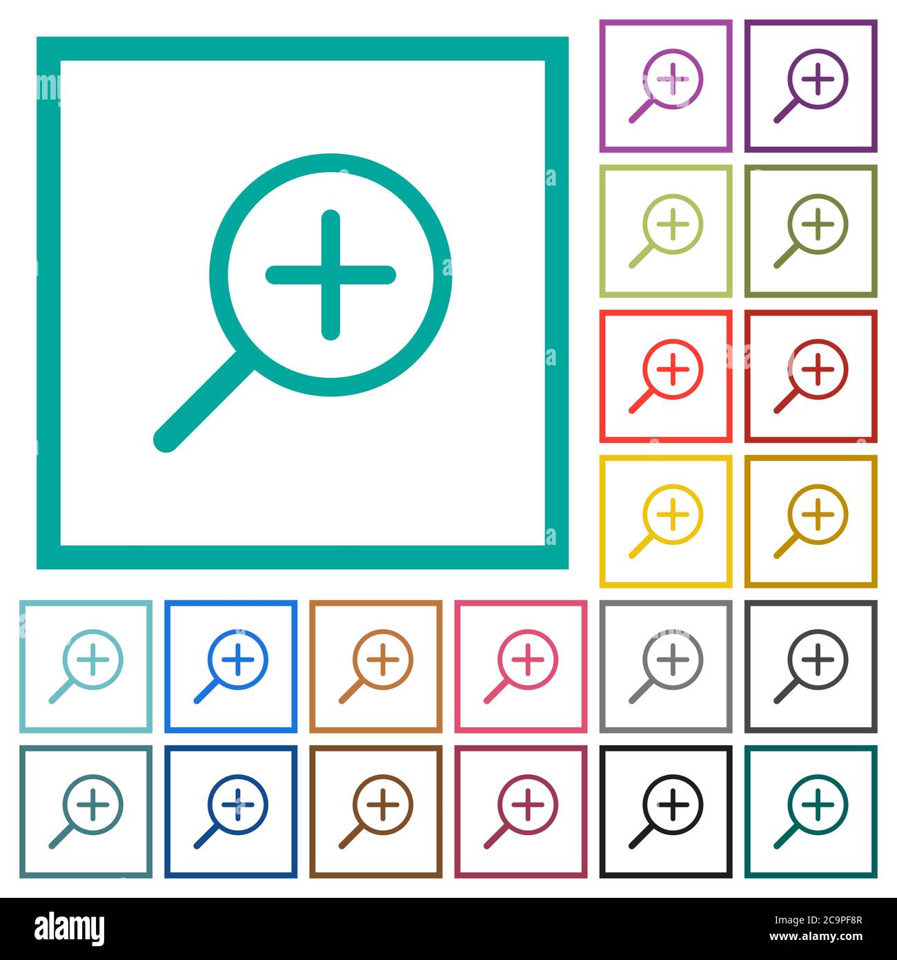 Zoom in flat color icons with quadrant frames on white background Stock