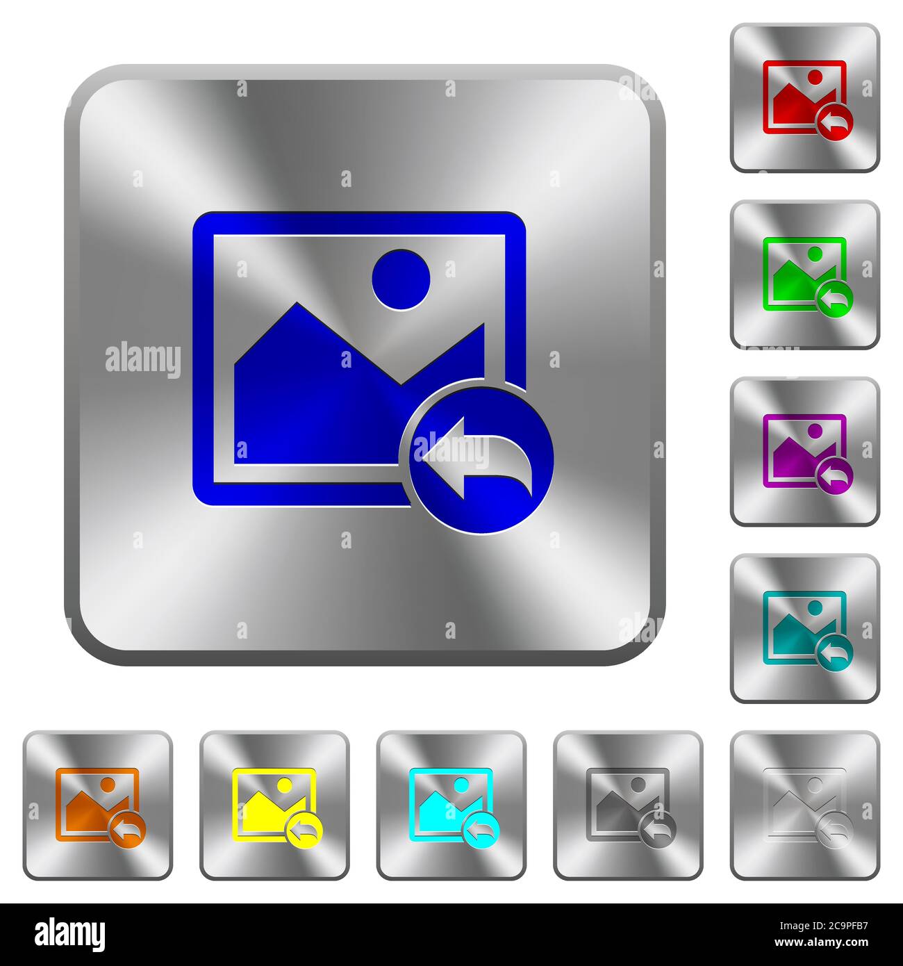 Undo image changes engraved icons on rounded square glossy steel buttons Stock Vector
