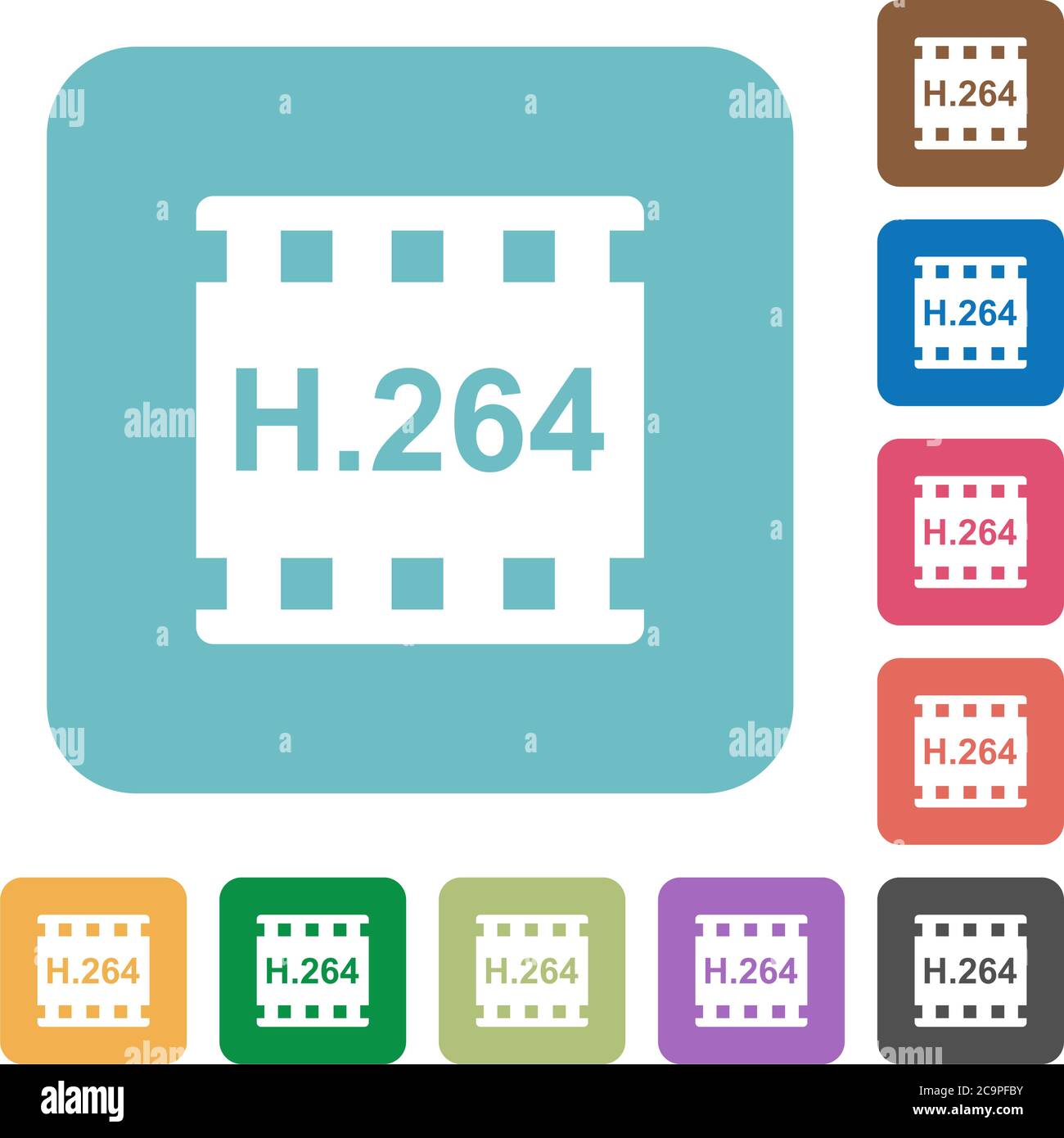 H.264 movie format white flat icons on color rounded square backgrounds ...