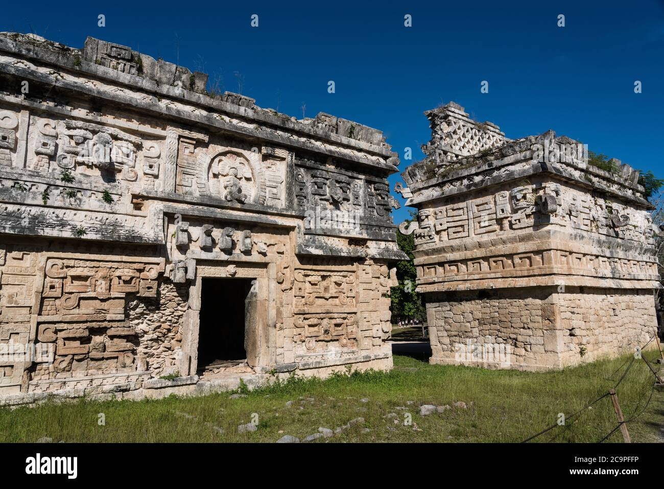 The Nunnery Complex in the ruins of the great Mayan city of Chichen Itza, Yucatan, Mexico.  At right is the Iglesia or Church, built in Chenes style. Stock Photo