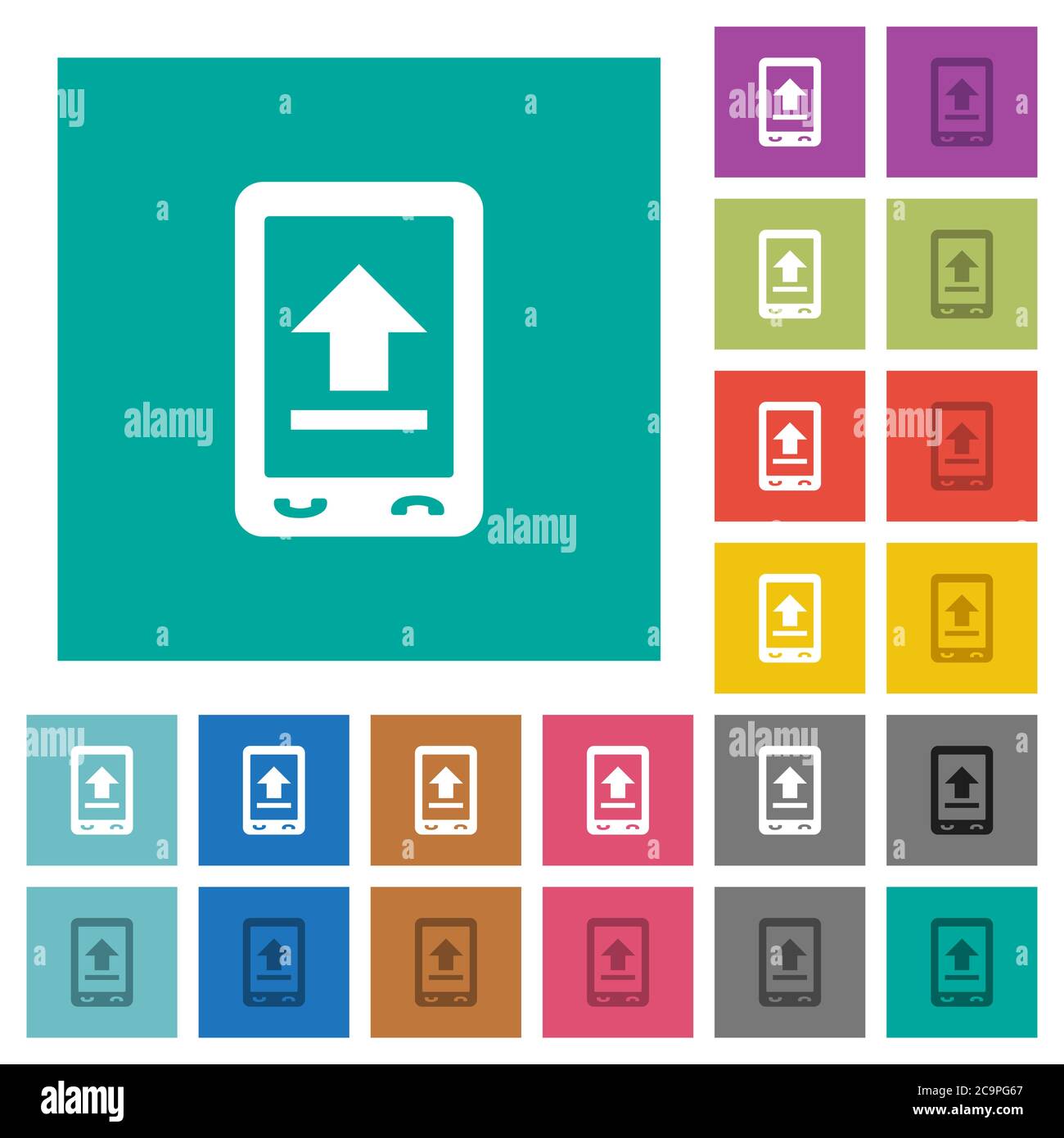 Mobile upload multi colored flat icons on plain square backgrounds. Included white and darker icon variations for hover or active effects. Stock Vector