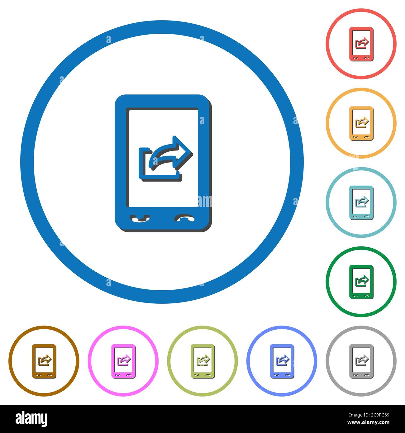 Mobile export data flat color vector icons with shadows in round ...