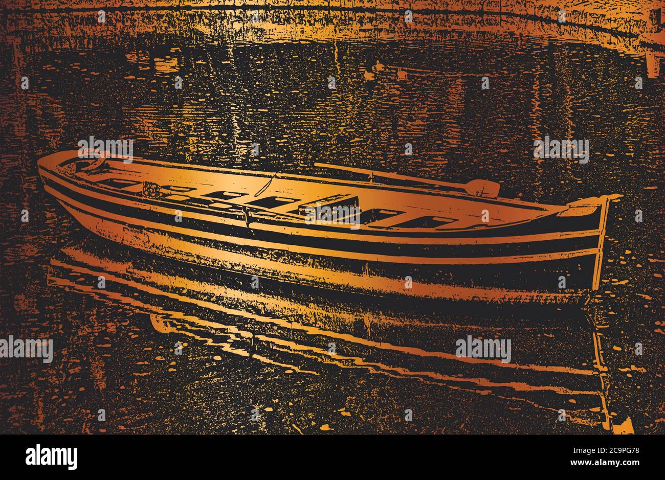 Old worn wooden boats on the river bank. Distressed vector Illustration. Black and golden background. Stock Vector