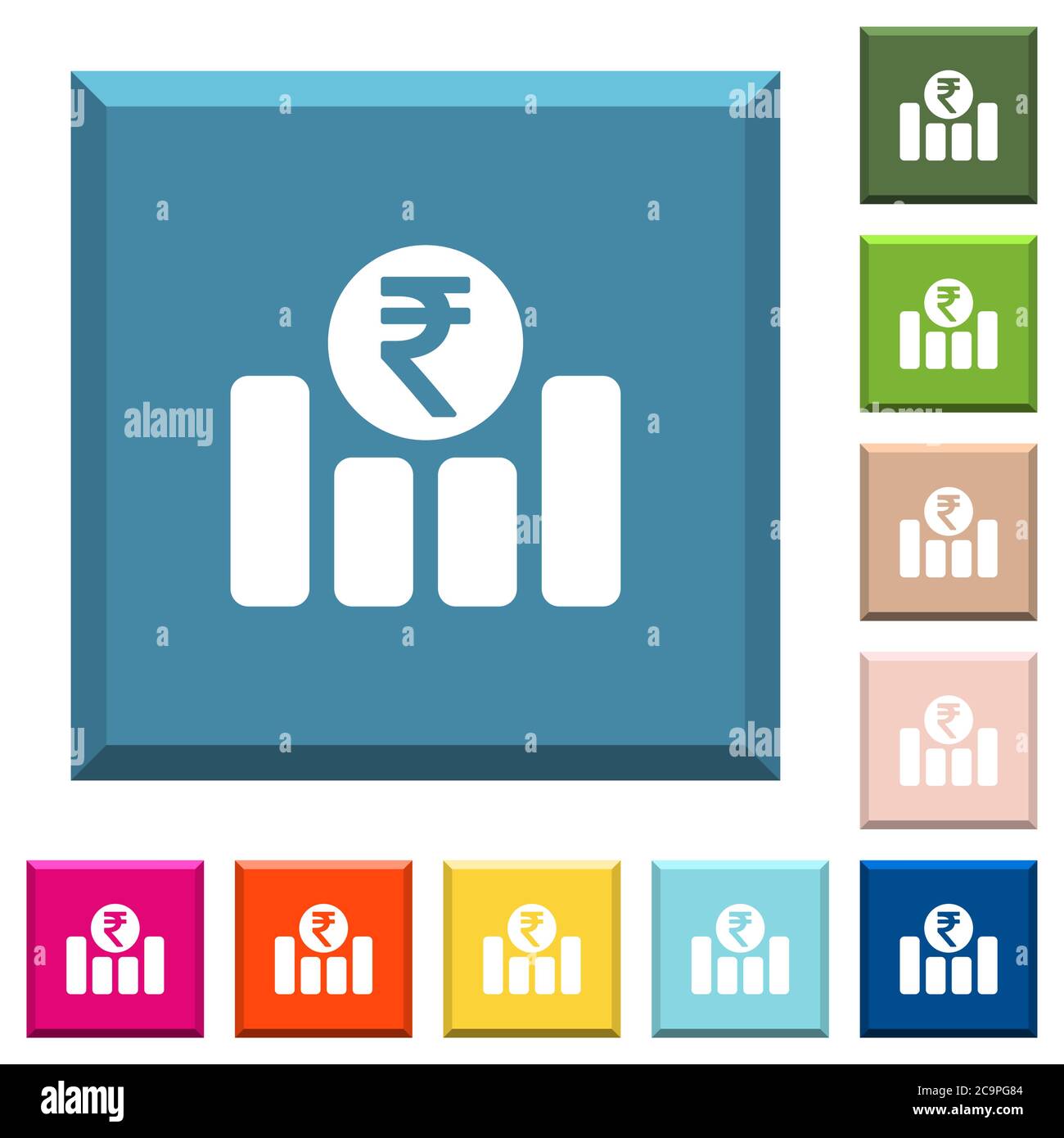 Indian Rupee financial graph white icons on edged square buttons in ...