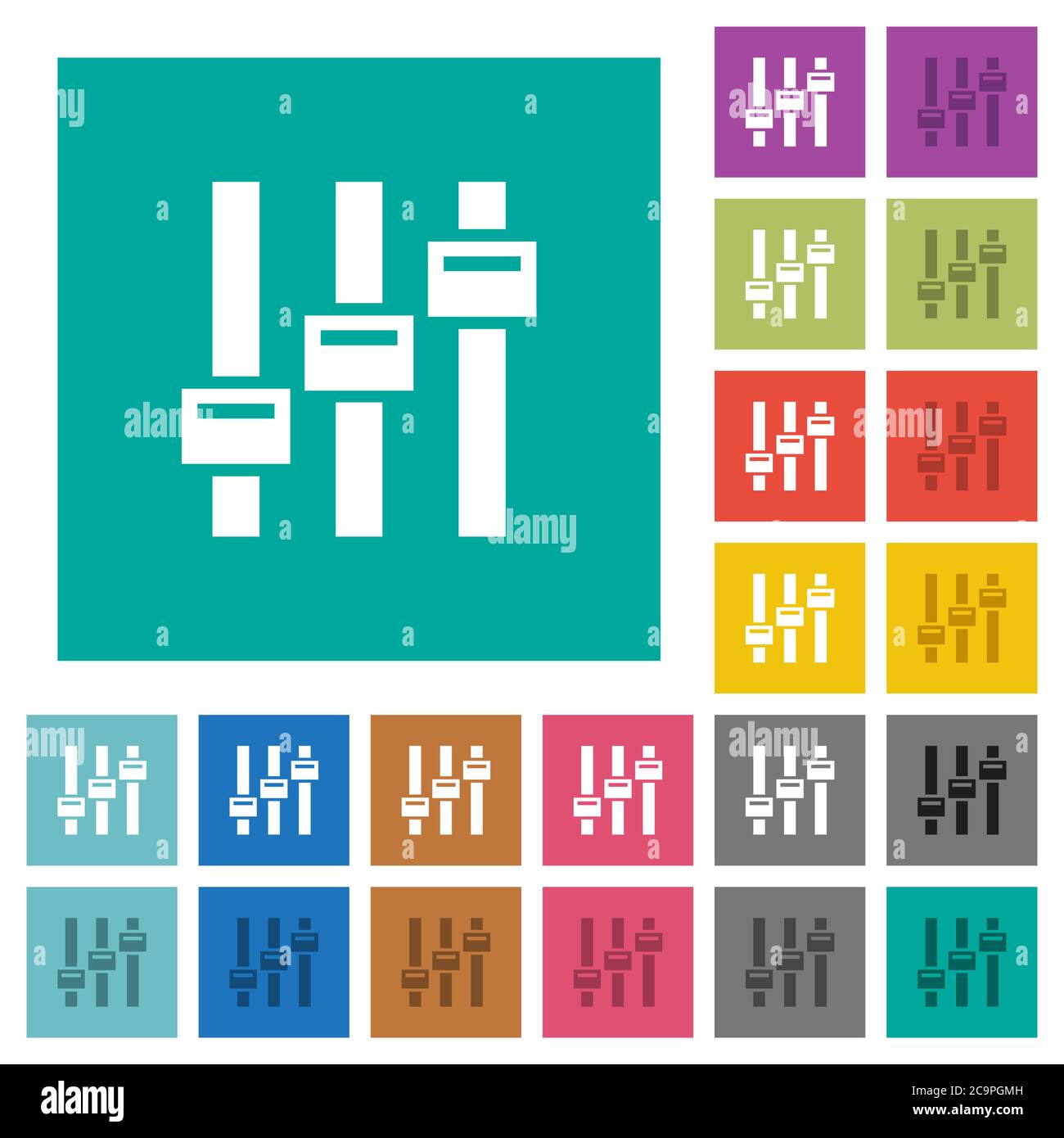 Adjust multi colored flat icons on plain square backgrounds. Included white and darker icon variations for hover or active effects. Stock Vector