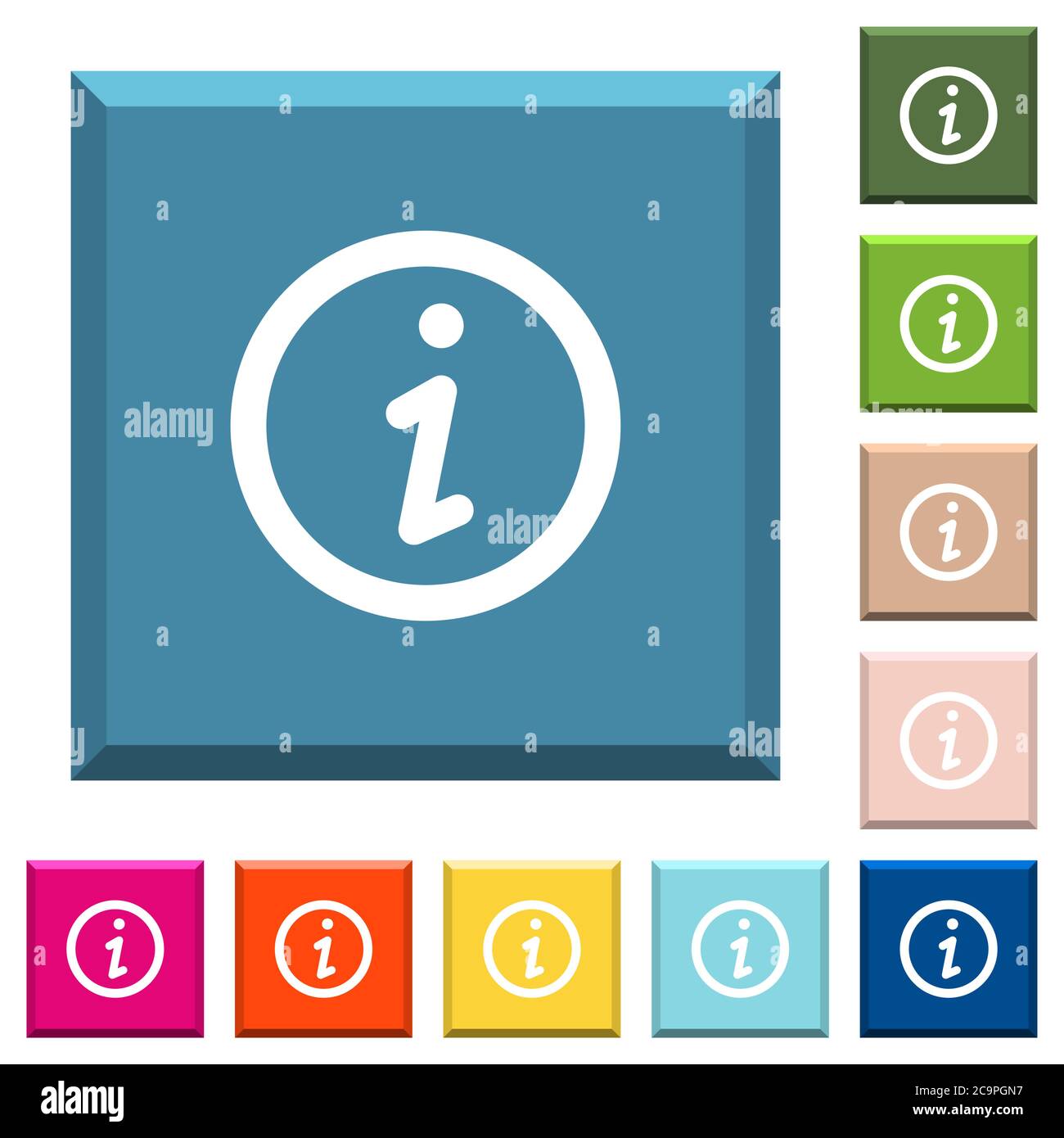 Information white icons on edged square buttons in various trendy ...