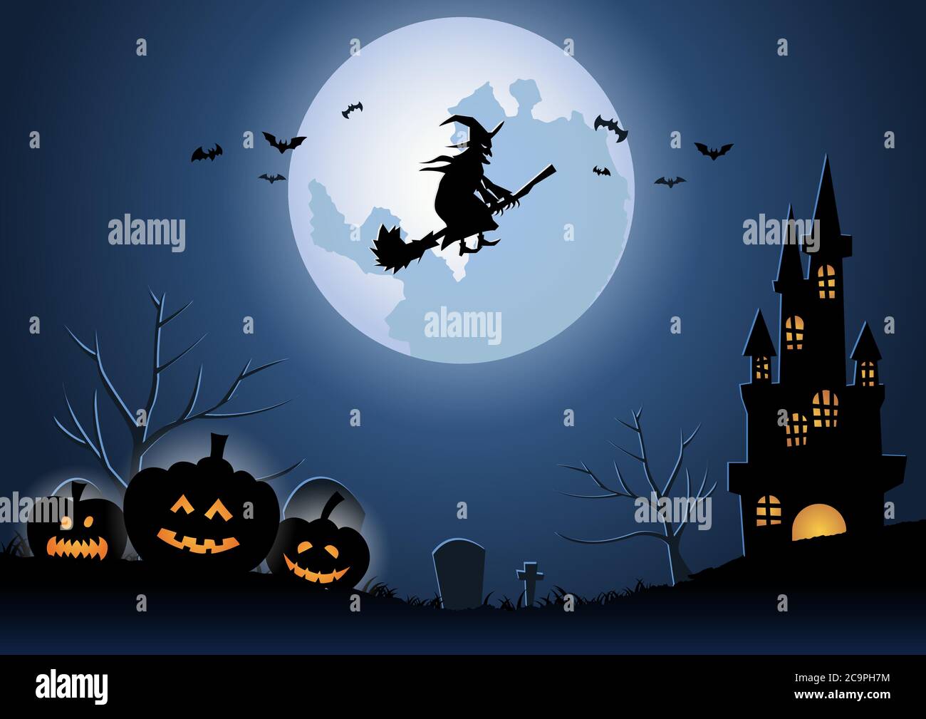 Halloween background with the witch fly by magical broom on midnight,vector illustration Stock Vector