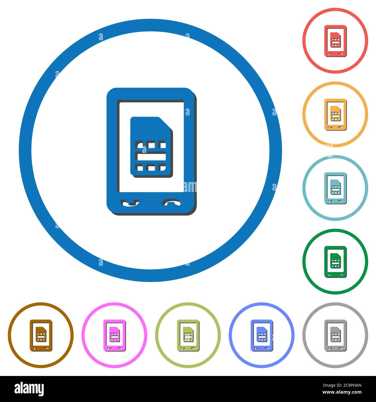 Mobile sim card flat color vector icons with shadows in round outlines on white background Stock Vector