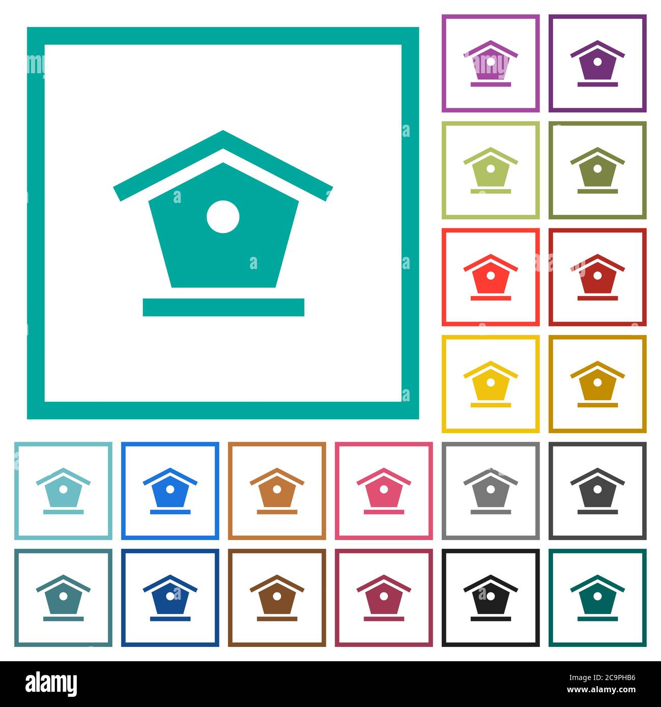Bird feeder flat color icons with quadrant frames on white background Stock Vector