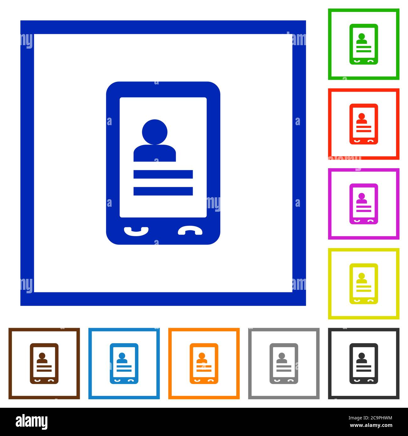 Mobile contacts flat color icons in square frames on white background Stock Vector