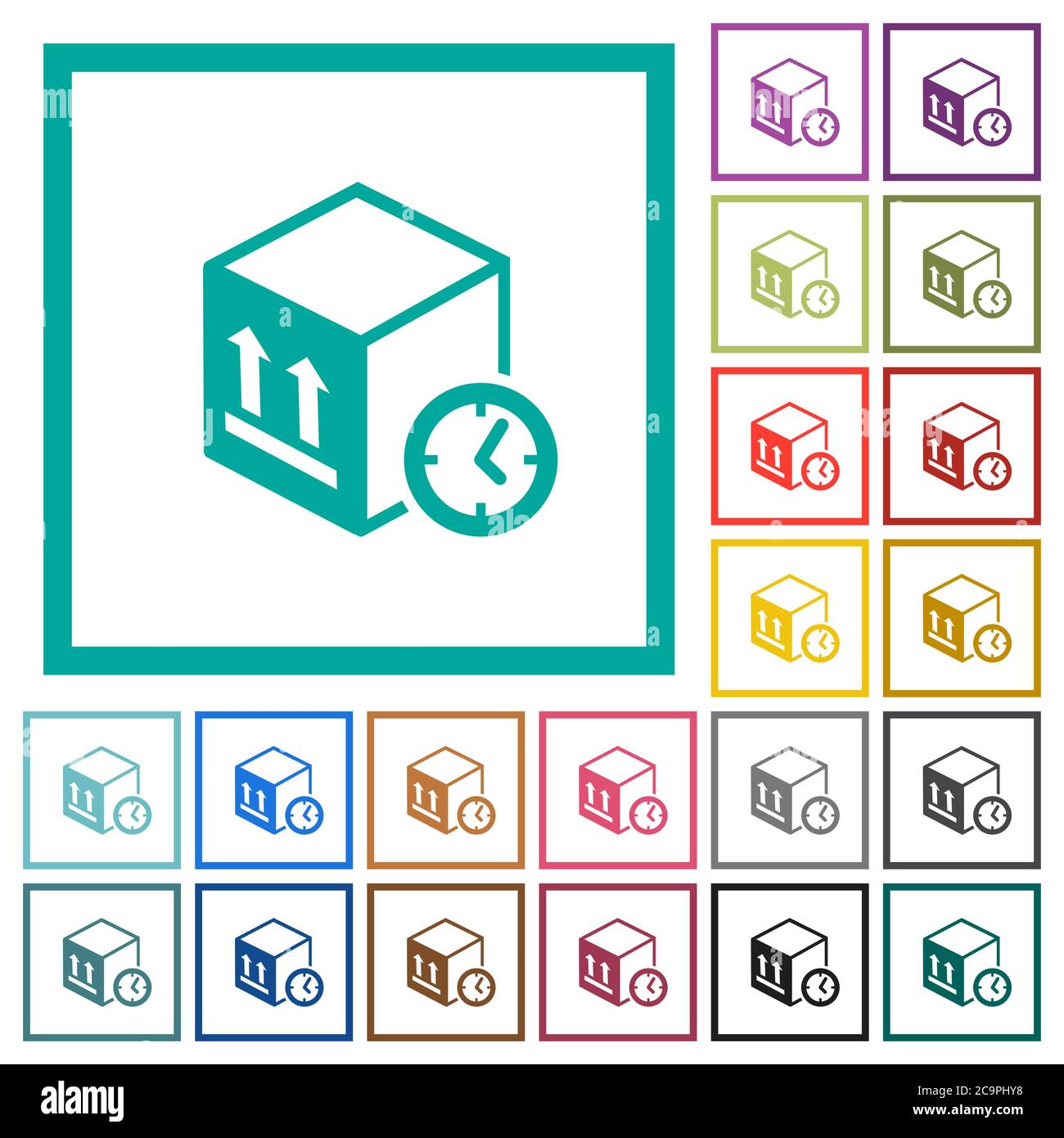 Package shipping time flat color icons with quadrant frames on white background Stock Vector