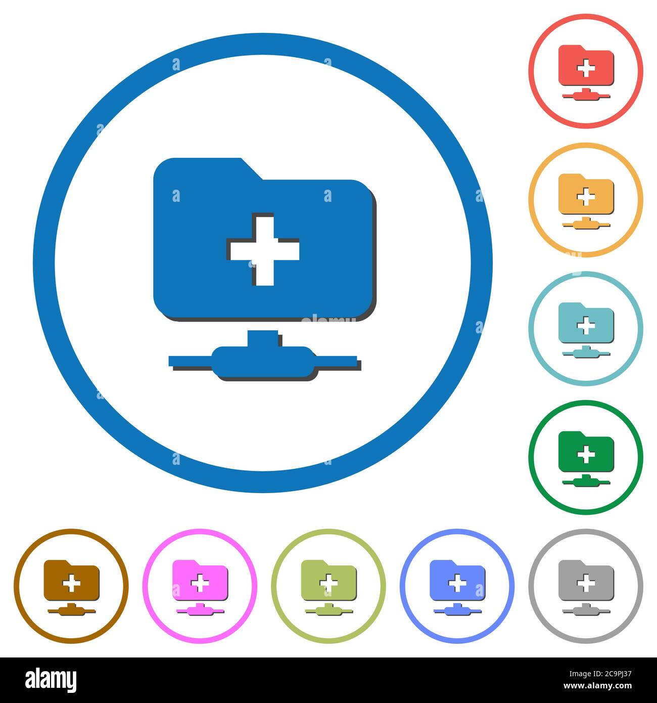 FTP create folder flat color vector icons with shadows in round outlines on white background Stock Vector