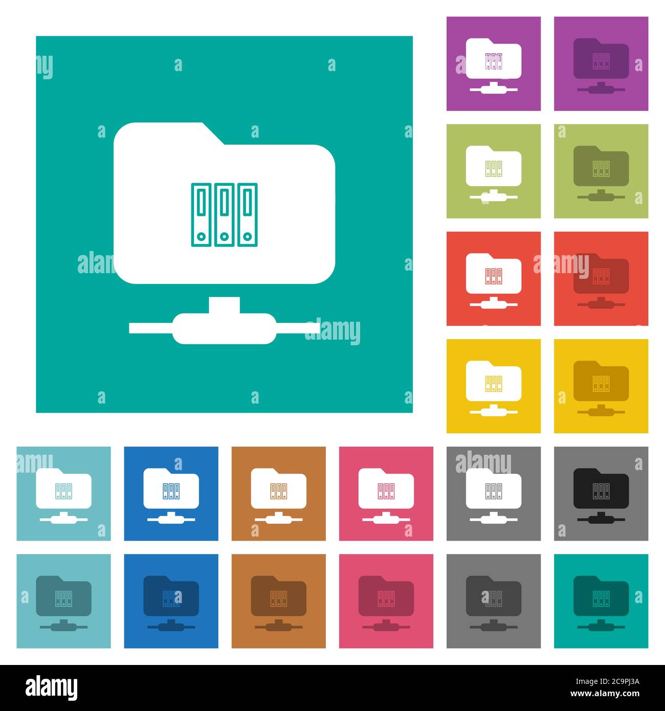 FTP archive multi colored flat icons on plain square backgrounds. Included white and darker icon variations for hover or active effects. Stock Vector
