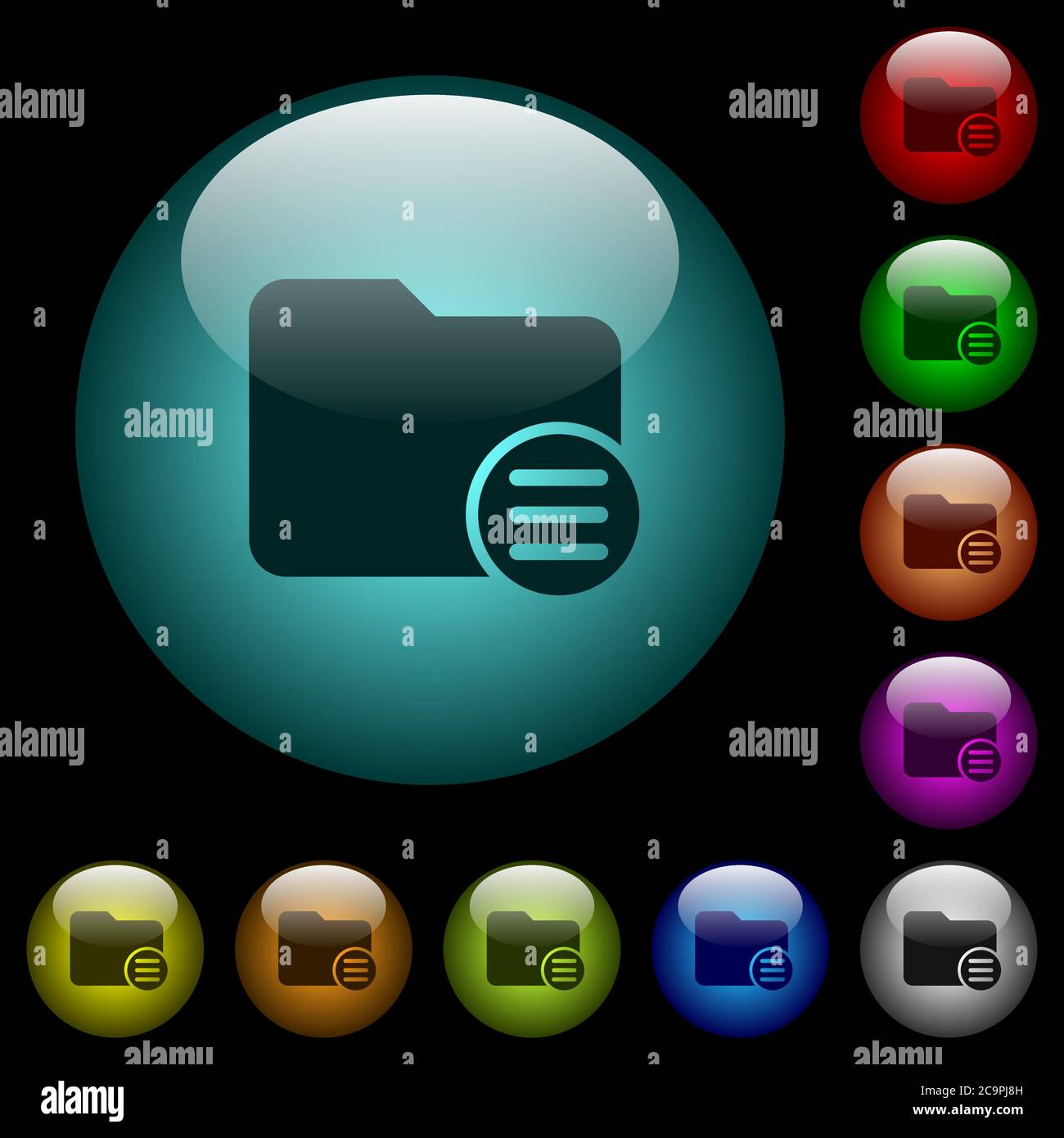 Directory options icons in color illuminated spherical glass buttons on ...