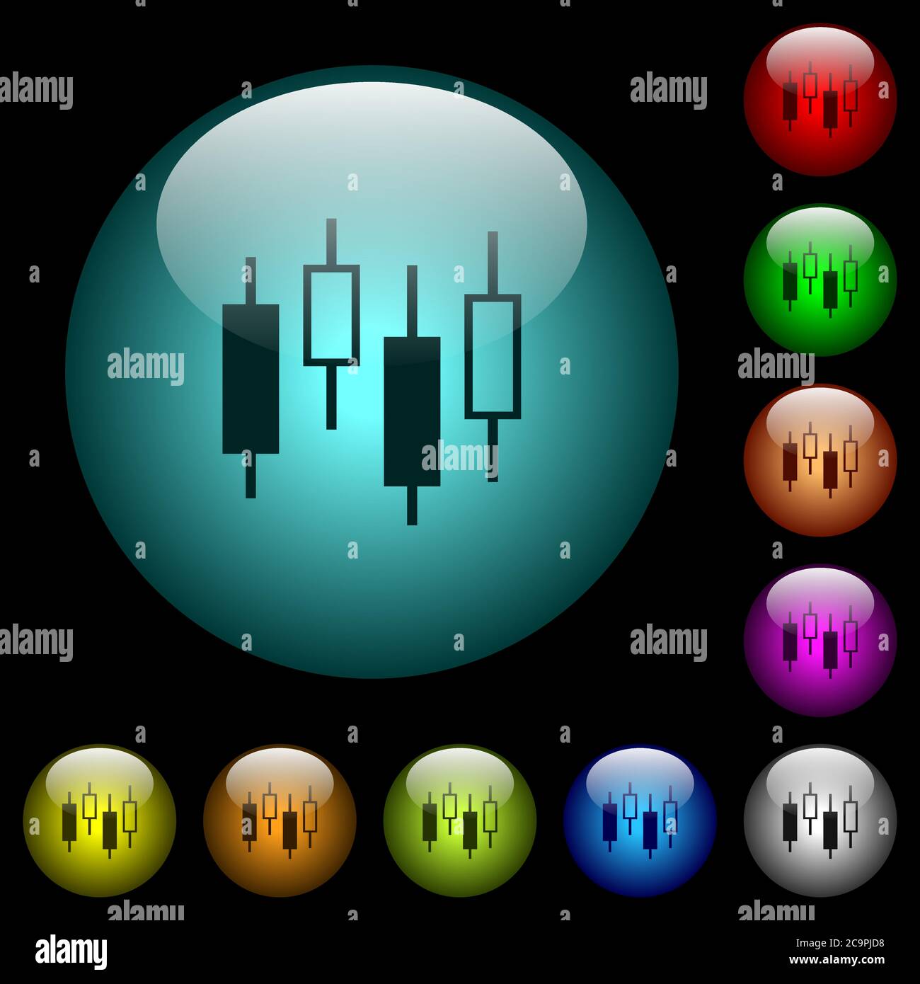 Candlestick chart icons in color illuminated spherical glass buttons on ...