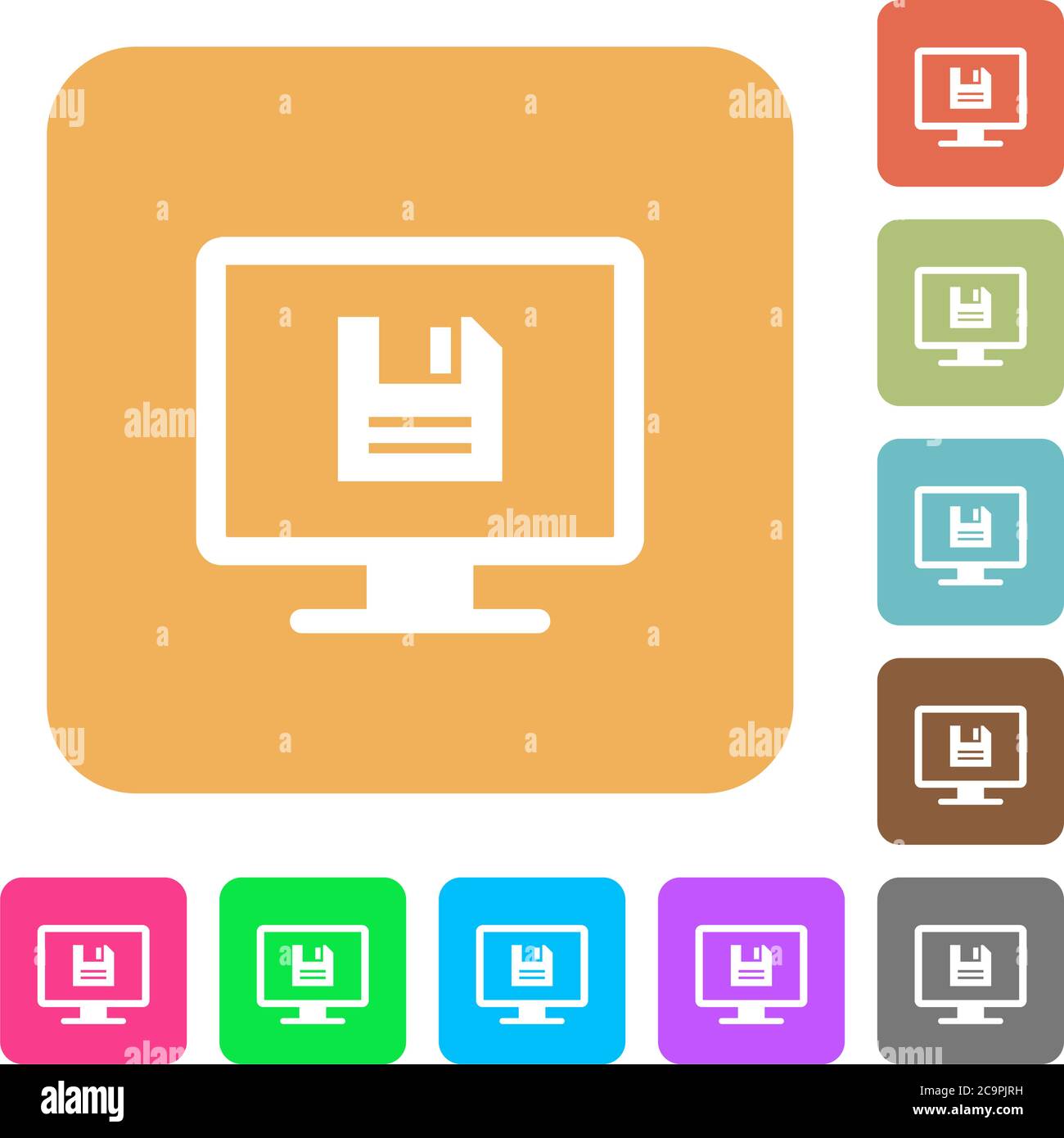 Save display settings flat icons on rounded square vivid color backgrounds. Stock Vector