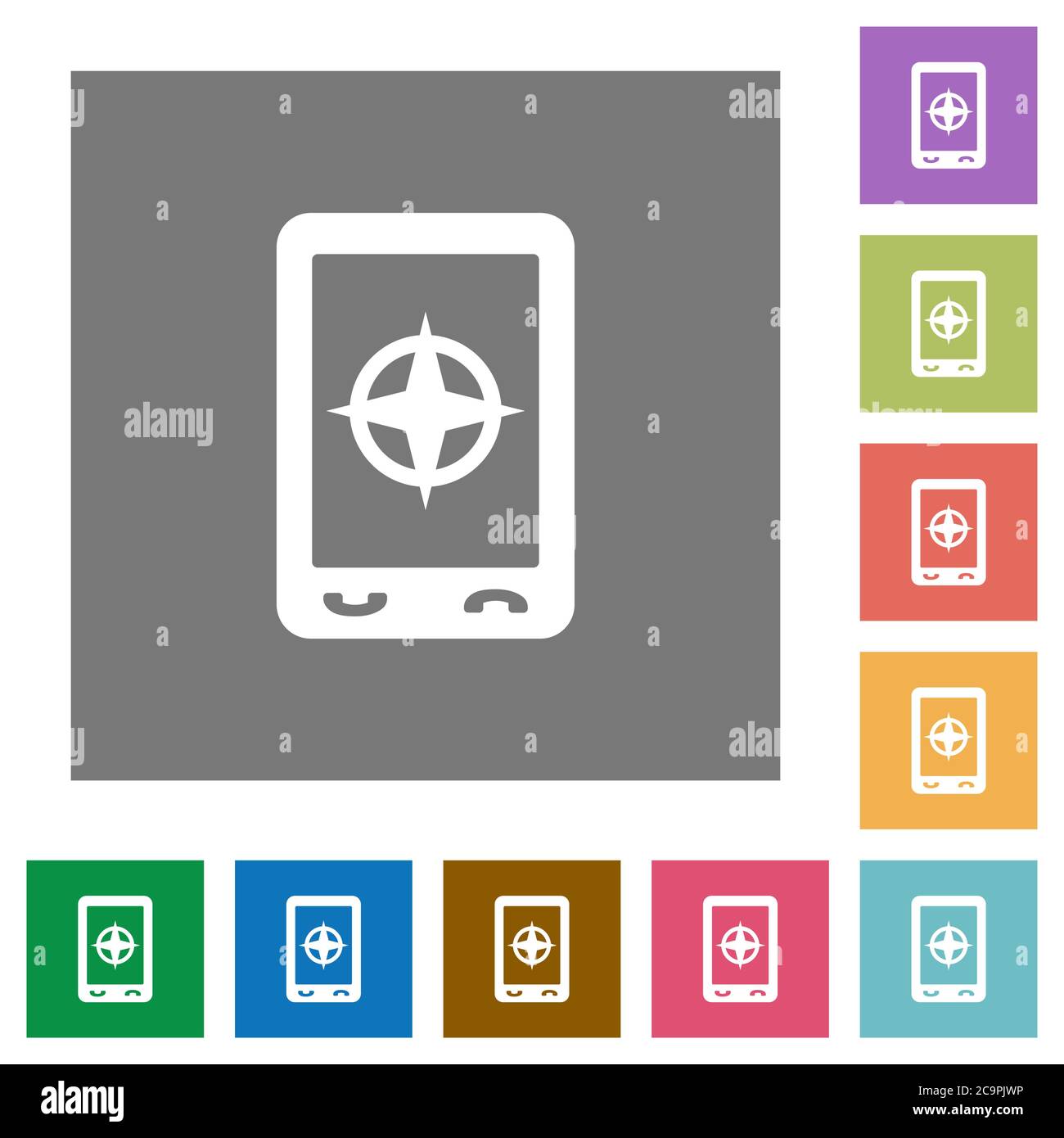 Mobile compass flat icons on simple color square backgrounds Stock Vector