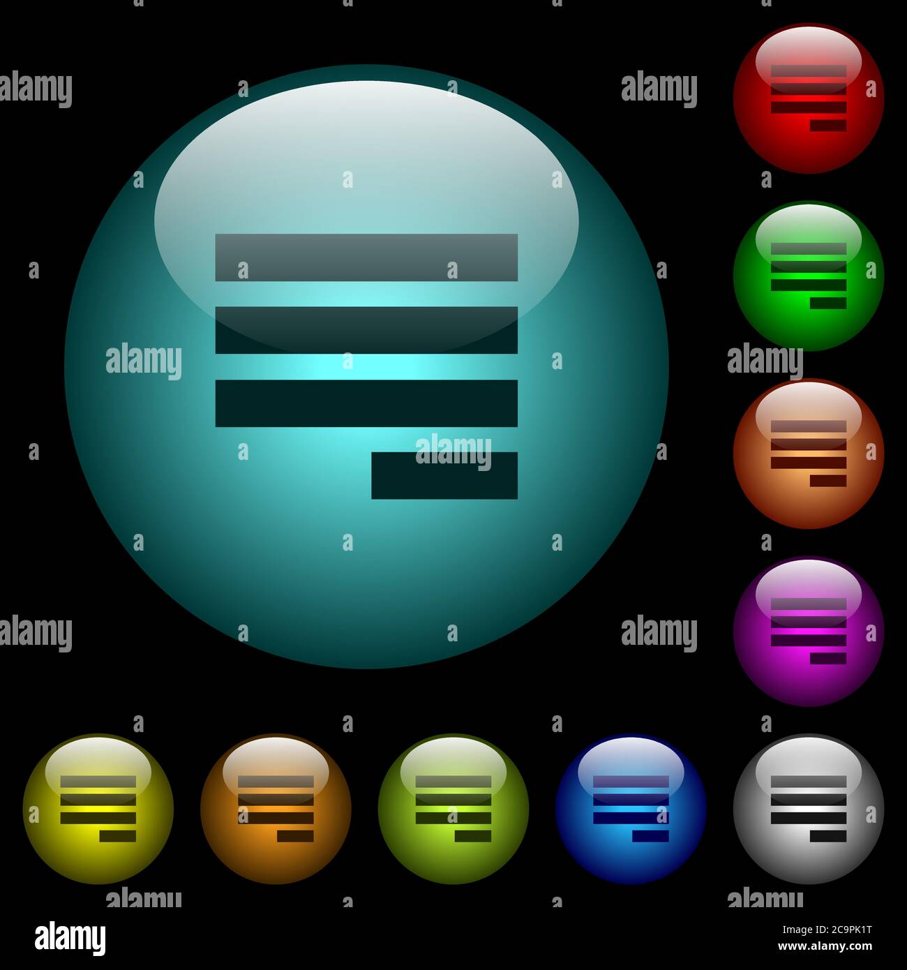 Text align justify last row right icons in color illuminated spherical ...