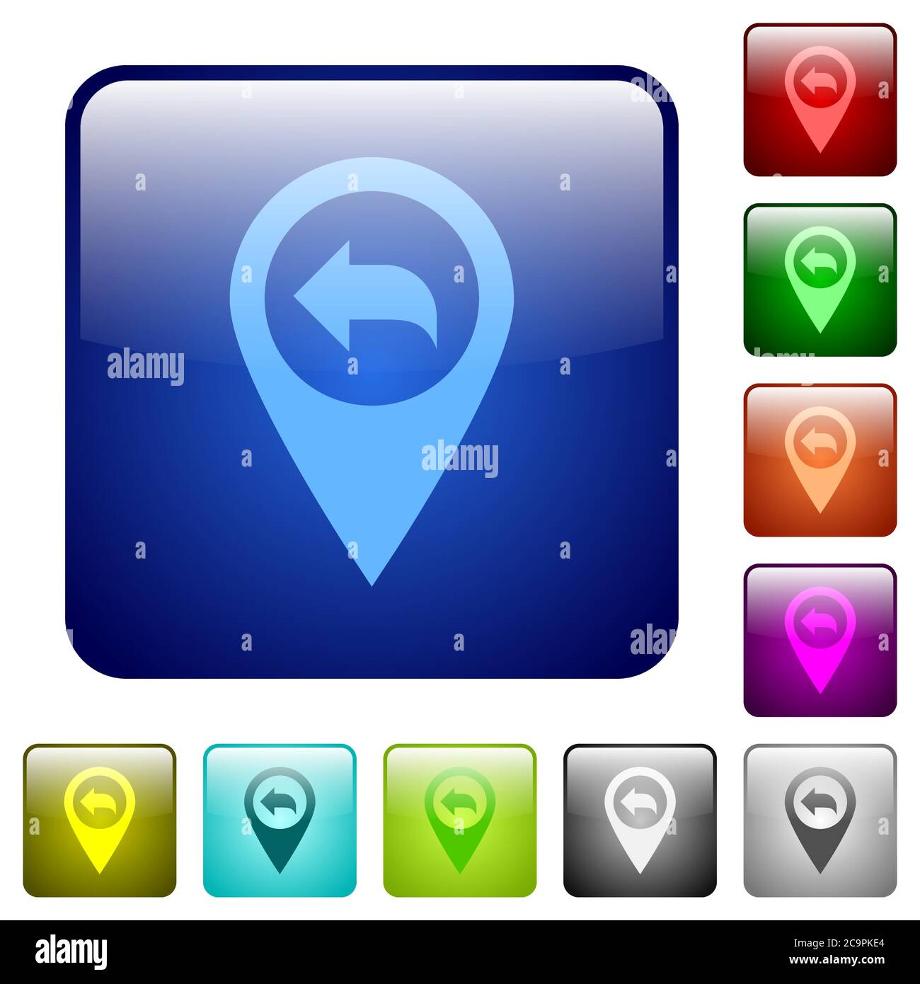 Previous GPS map location icons in rounded square color glossy button set Stock Vector