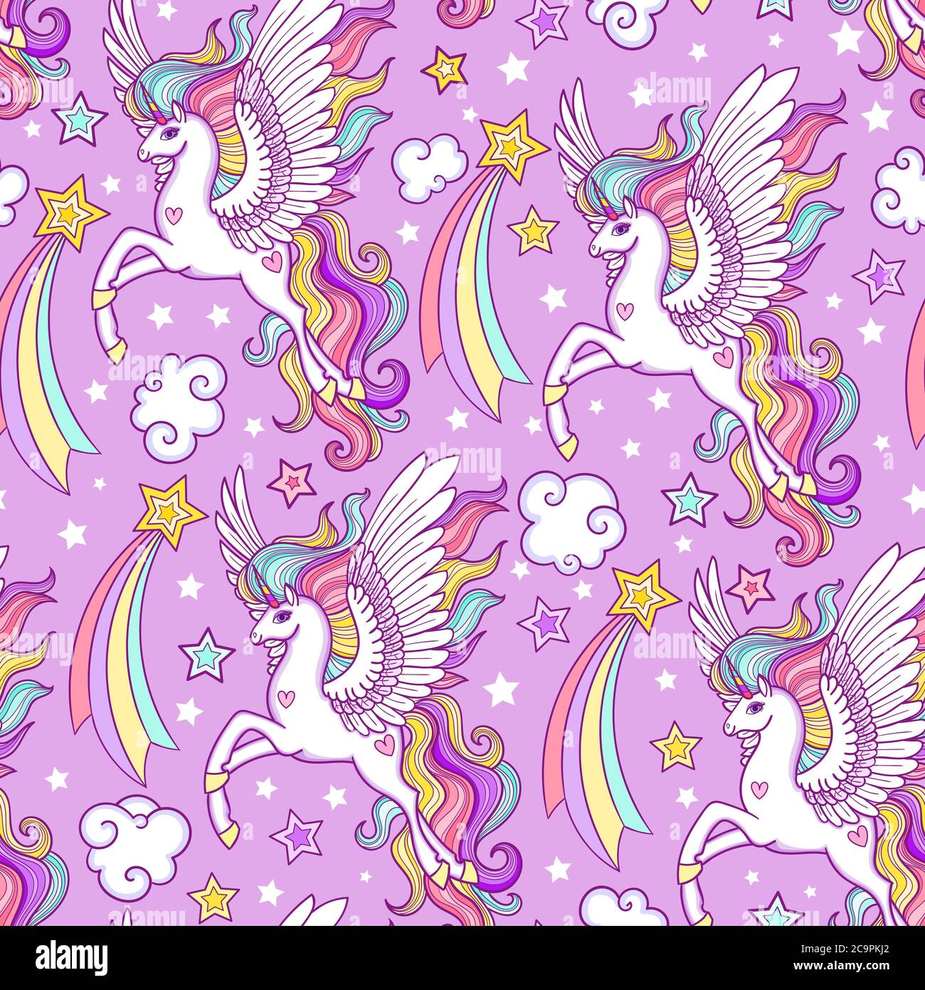 Seamless pattern with white unicorns, stars, hearts. For children's design of wallpaper, fabric, etc. Vector illustration Stock Vector