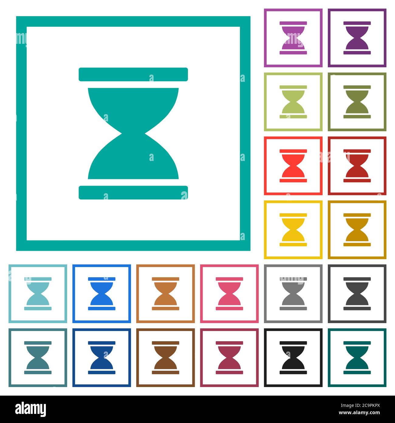 Hourglass flat color icons with quadrant frames on white background Stock Vector